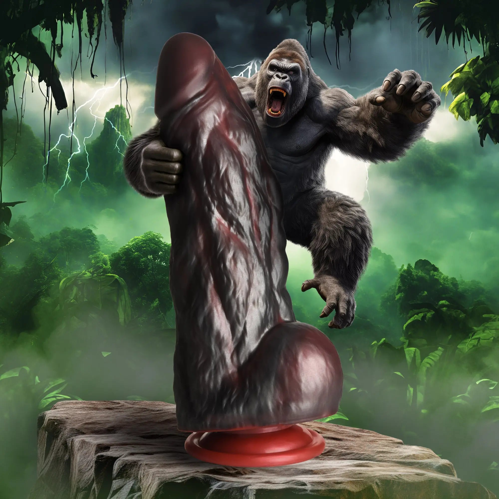 Creature Cocks King Kong dark brown silicone dildo with textured surface and red base on a rock in a jungle.