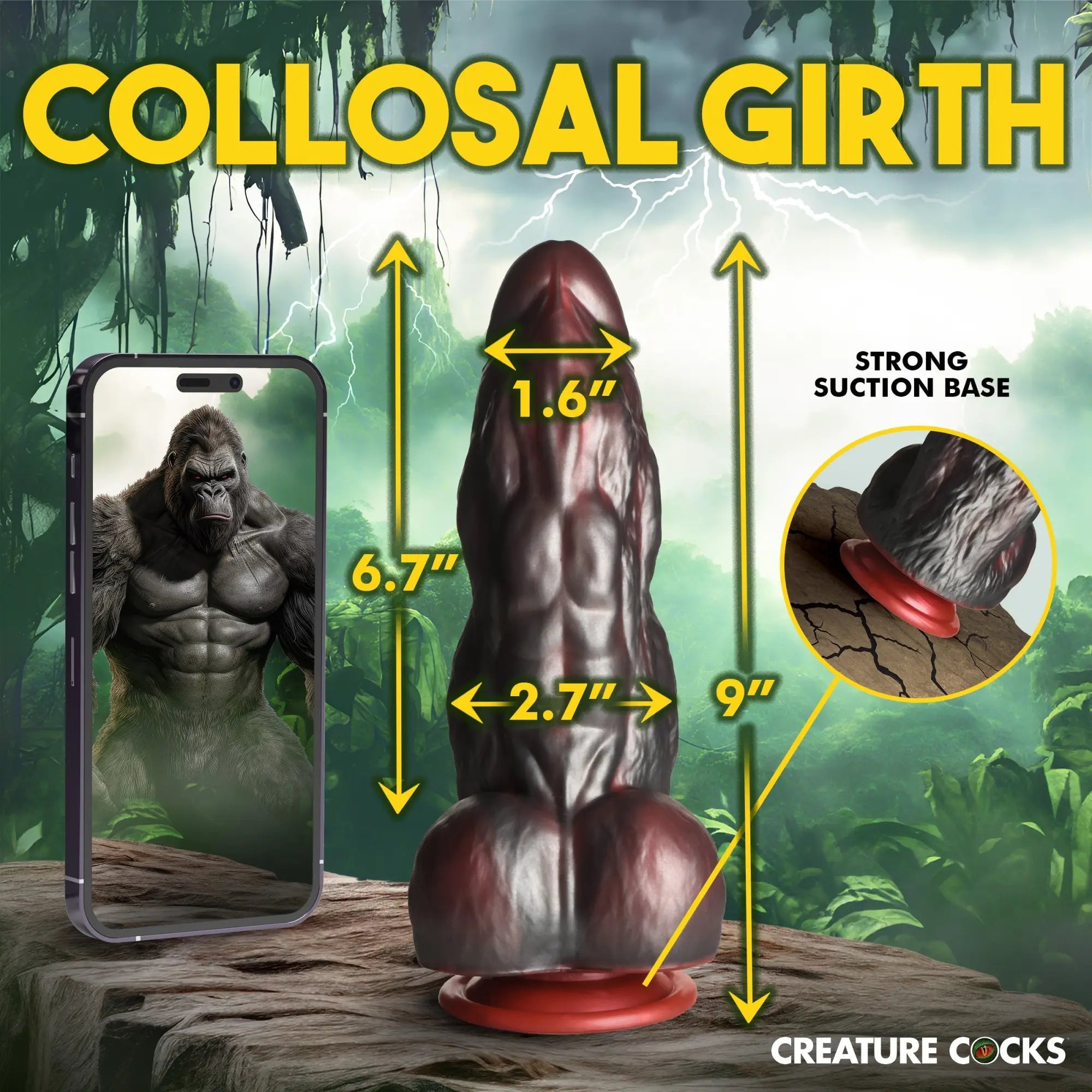 Creature Cocks King Kong silicone dildo in dark brown, showing dimensions, textured details, and a red suction base.