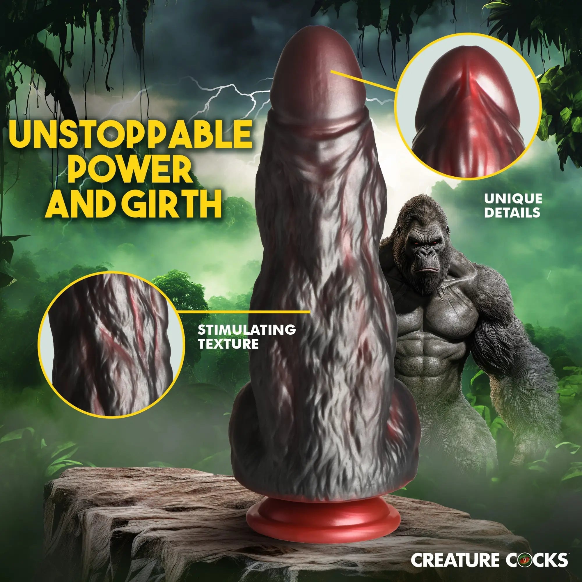 Creature Cocks King Kong dark red, textured silicone dildo with a suction cup base, shown in a jungle setting.