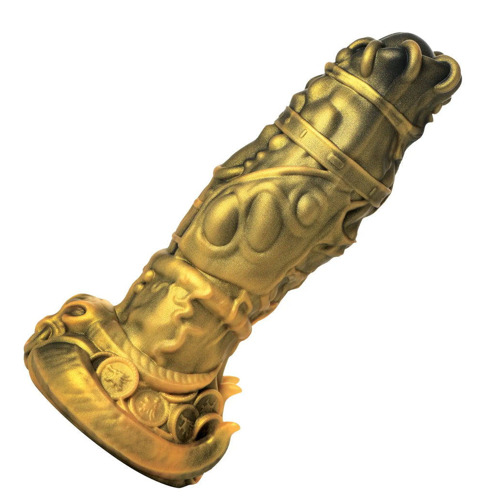 Creature Cocks King Minotaur silicone dildo: a metallic gold, fantasy-themed phallus with intricate, coin-like textures.