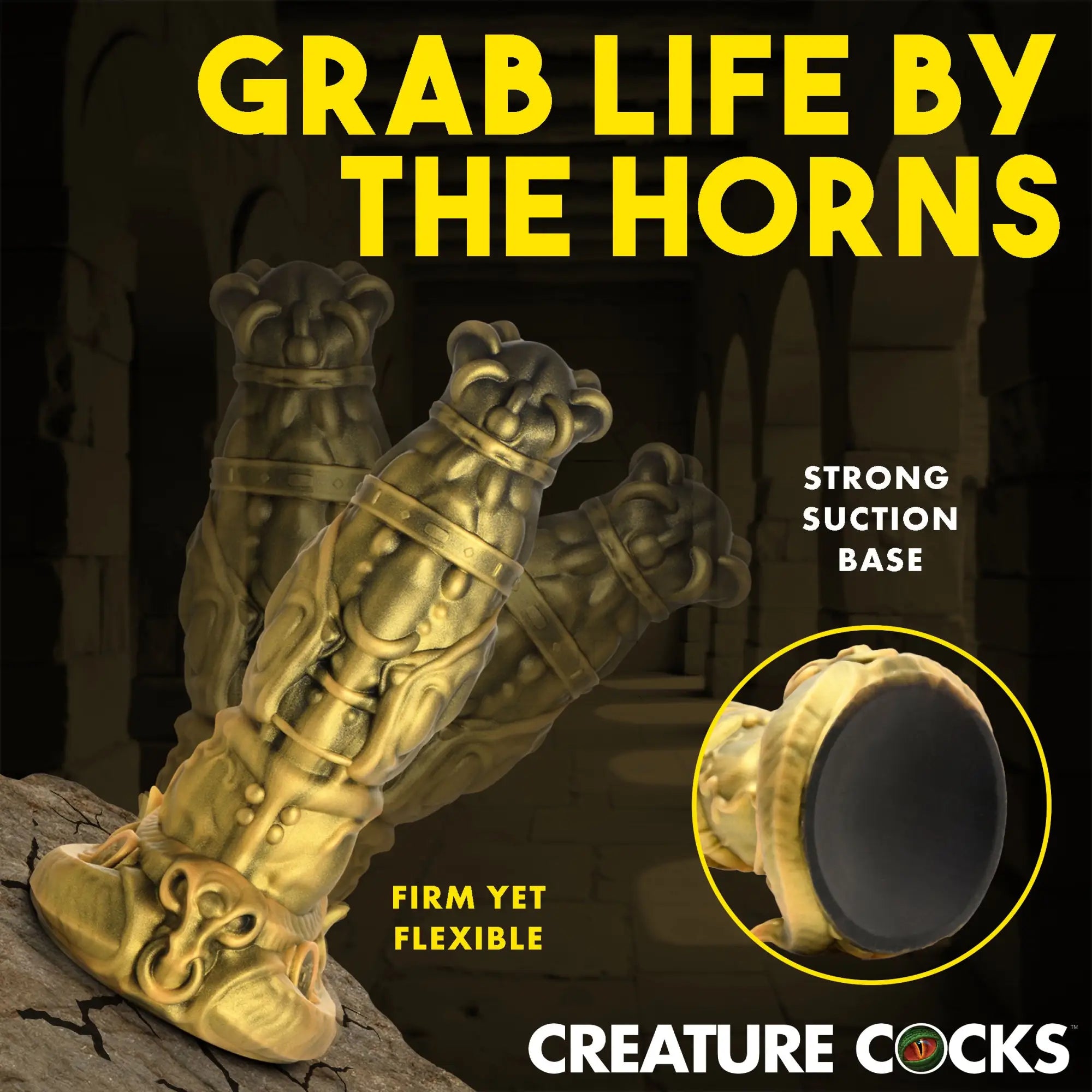 Gold-colored Creature Cocks King Minotaur silicone dildo with ornate detailing and a black suction base.