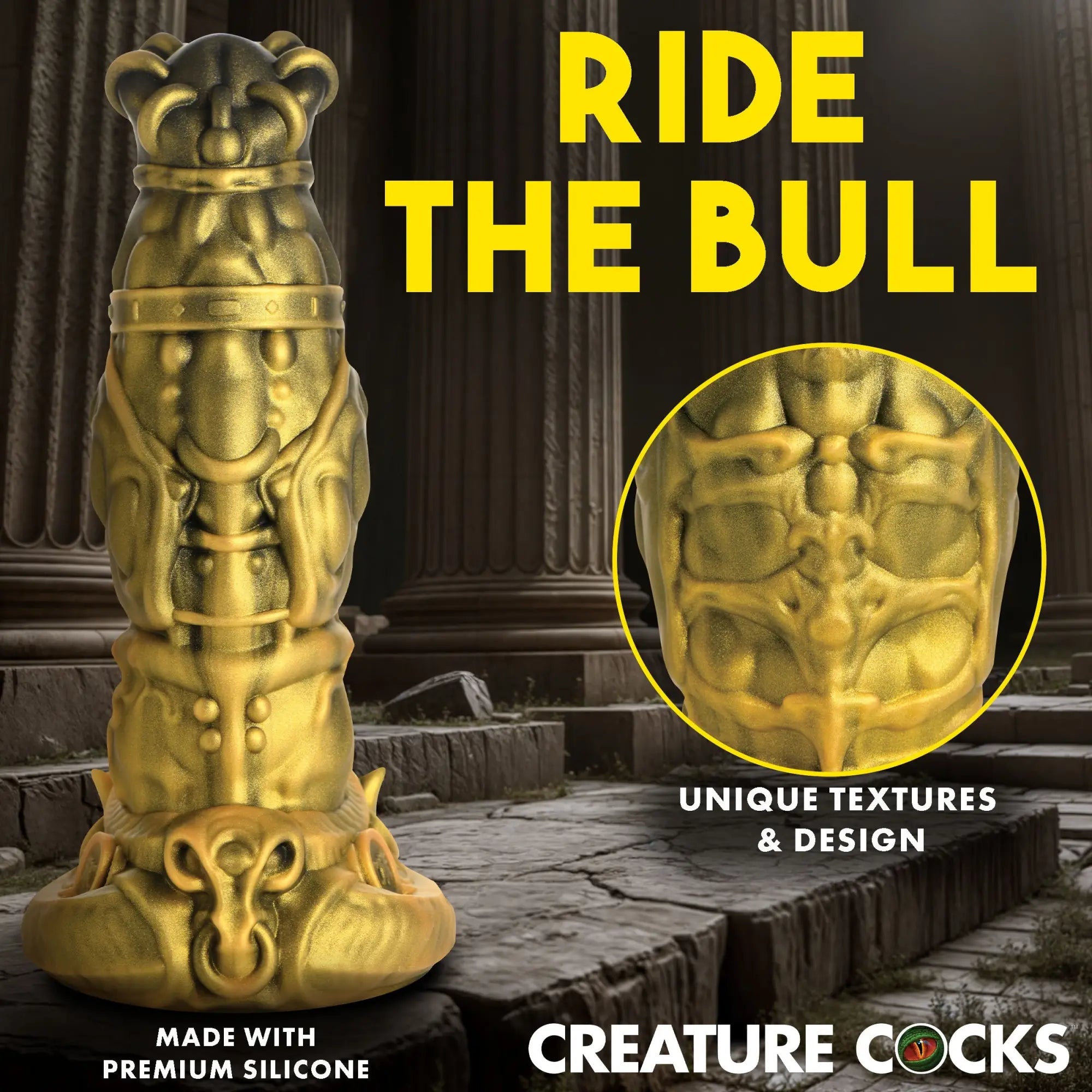 Gold Creature Cocks King Minotaur silicone dildo with intricate, textured armor-like details against a Greek pillar.
