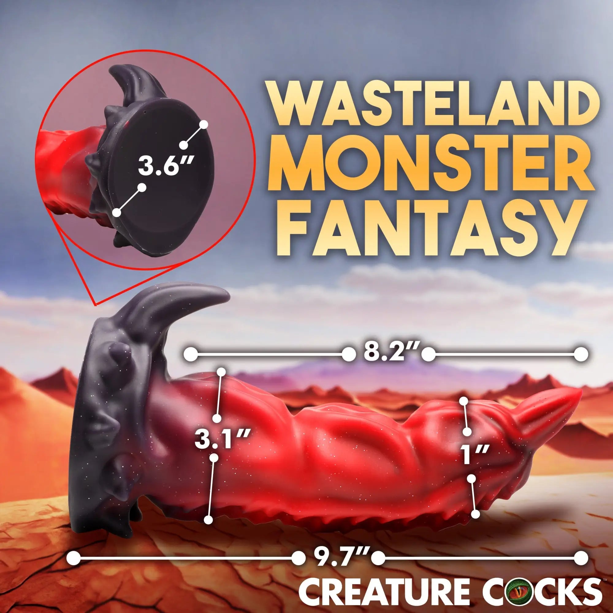 Creature Cocks King Scorpion red and black silicone dildo with monster texture and dimension measurements.