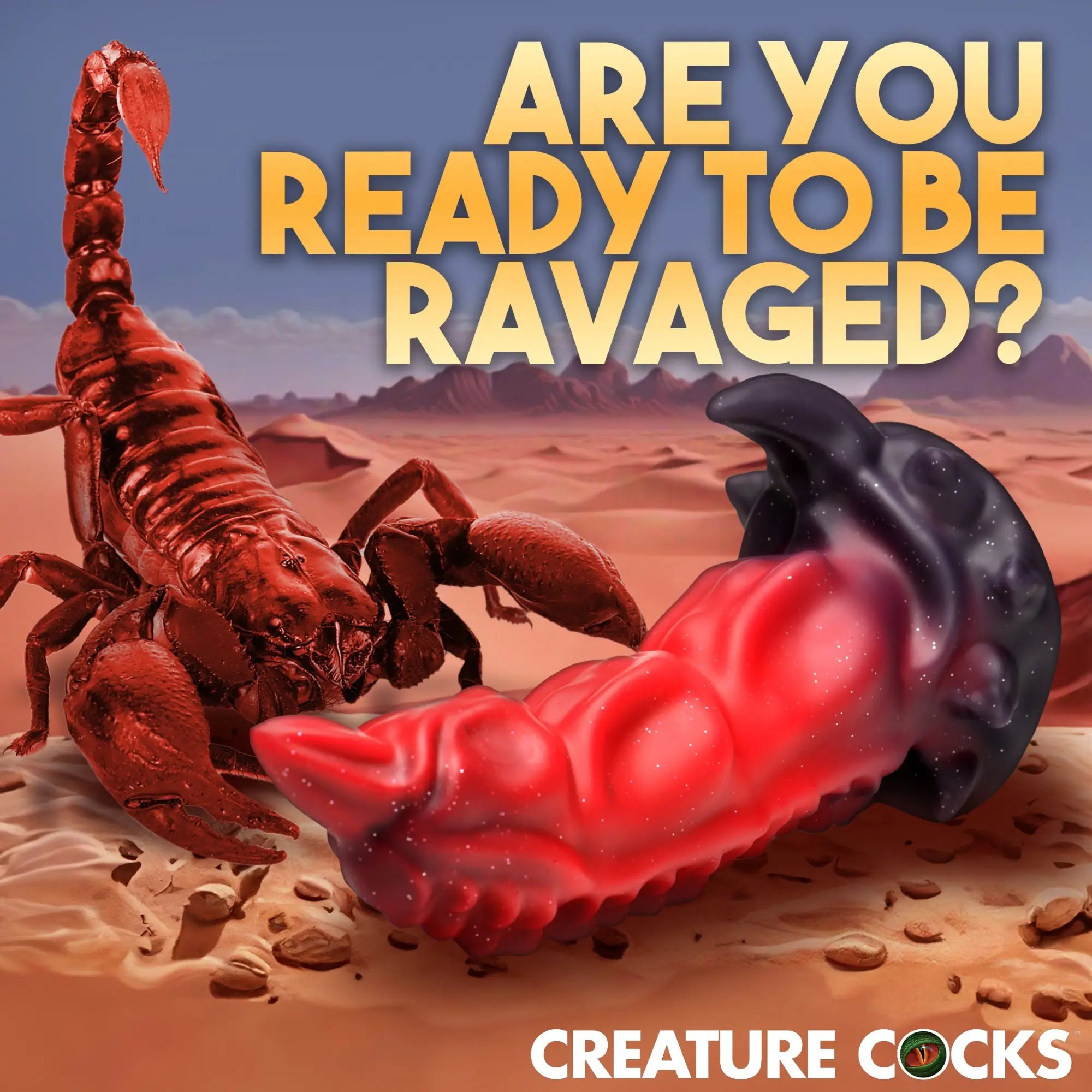 Creature Cocks King Scorpion silicone dildo in red and black with textured, creature-inspired design in a desert scene.