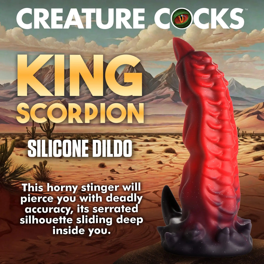 Creature Cocks King Scorpion silicone dildo in red and black with a serrated, scorpion-tail-inspired design.