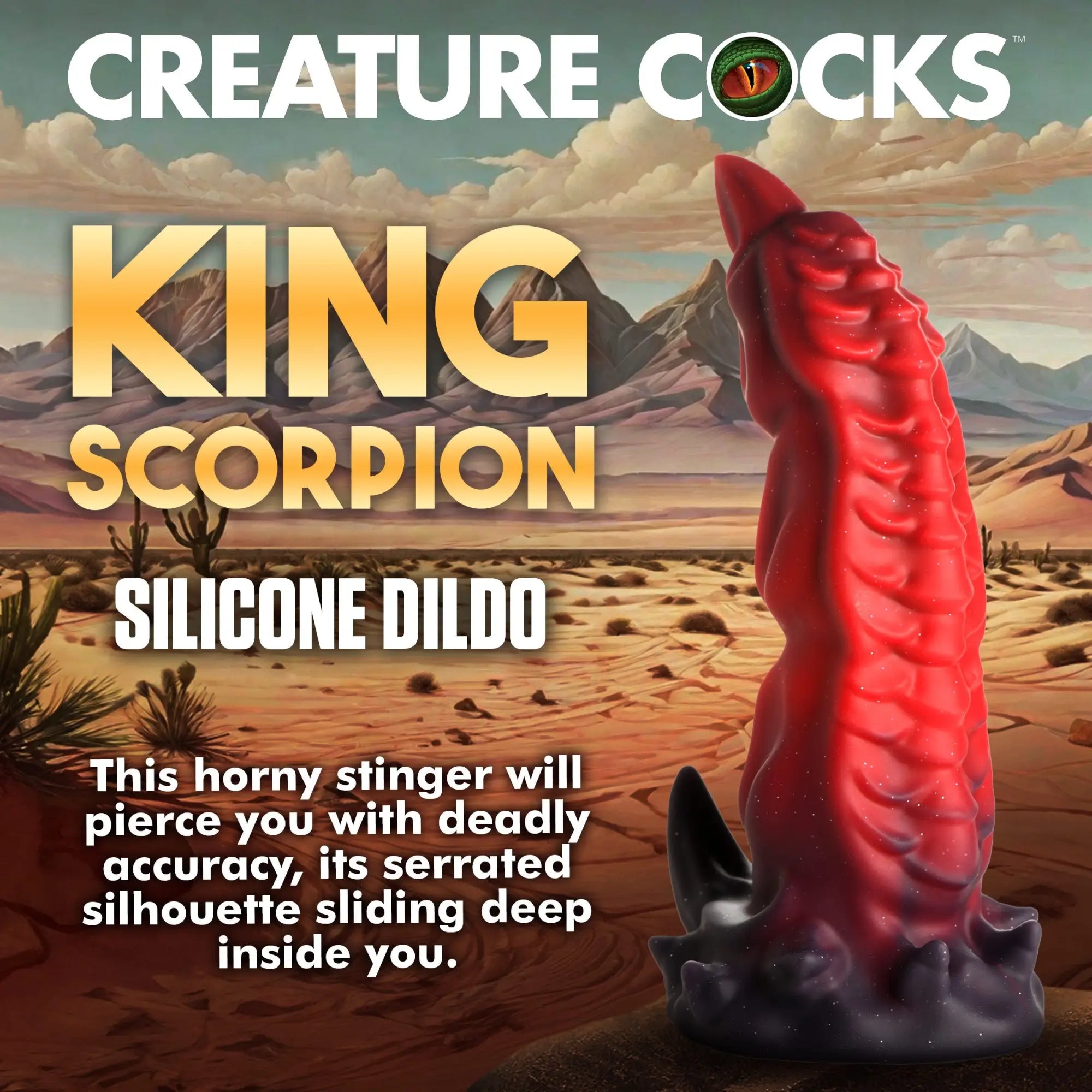 Creature Cocks King Scorpion silicone dildo in red and black with a serrated, scorpion-tail-inspired design.