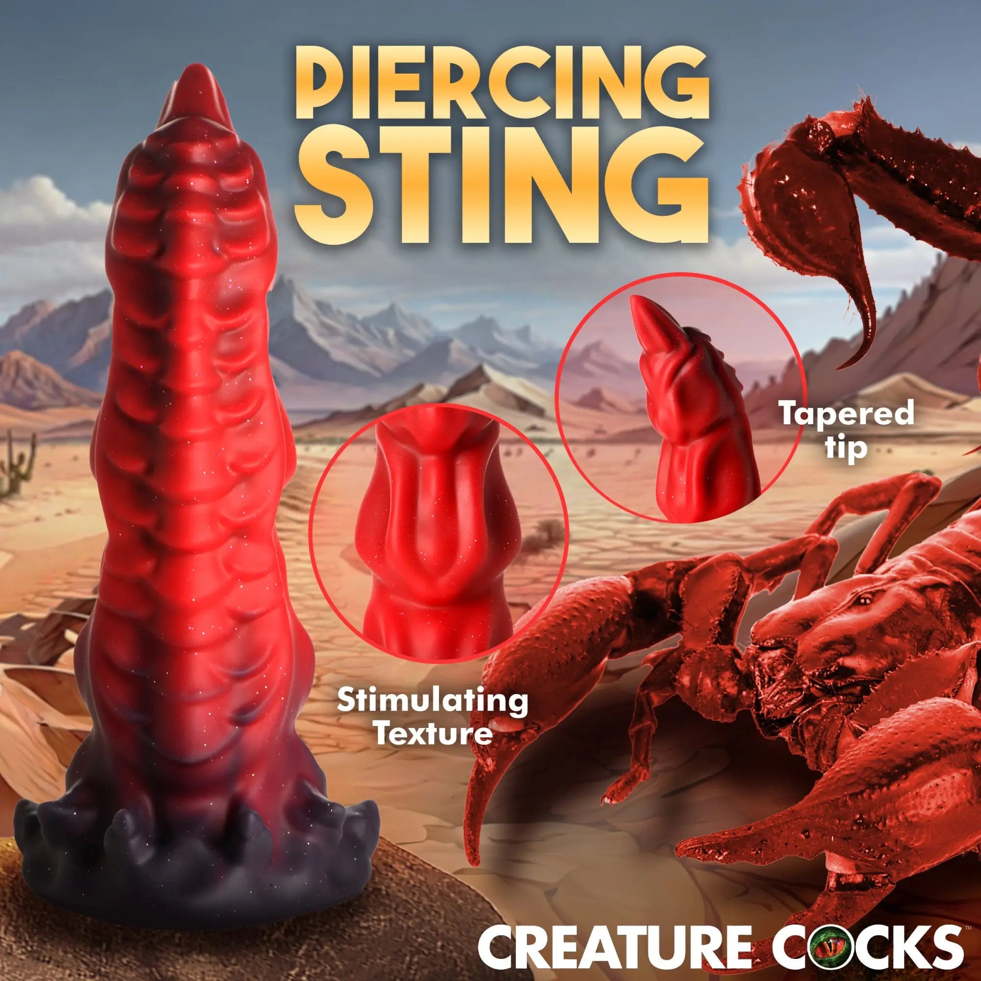 Creature Cocks King Scorpion silicone dildo in red and black with textured, scorpion-inspired segmented design.