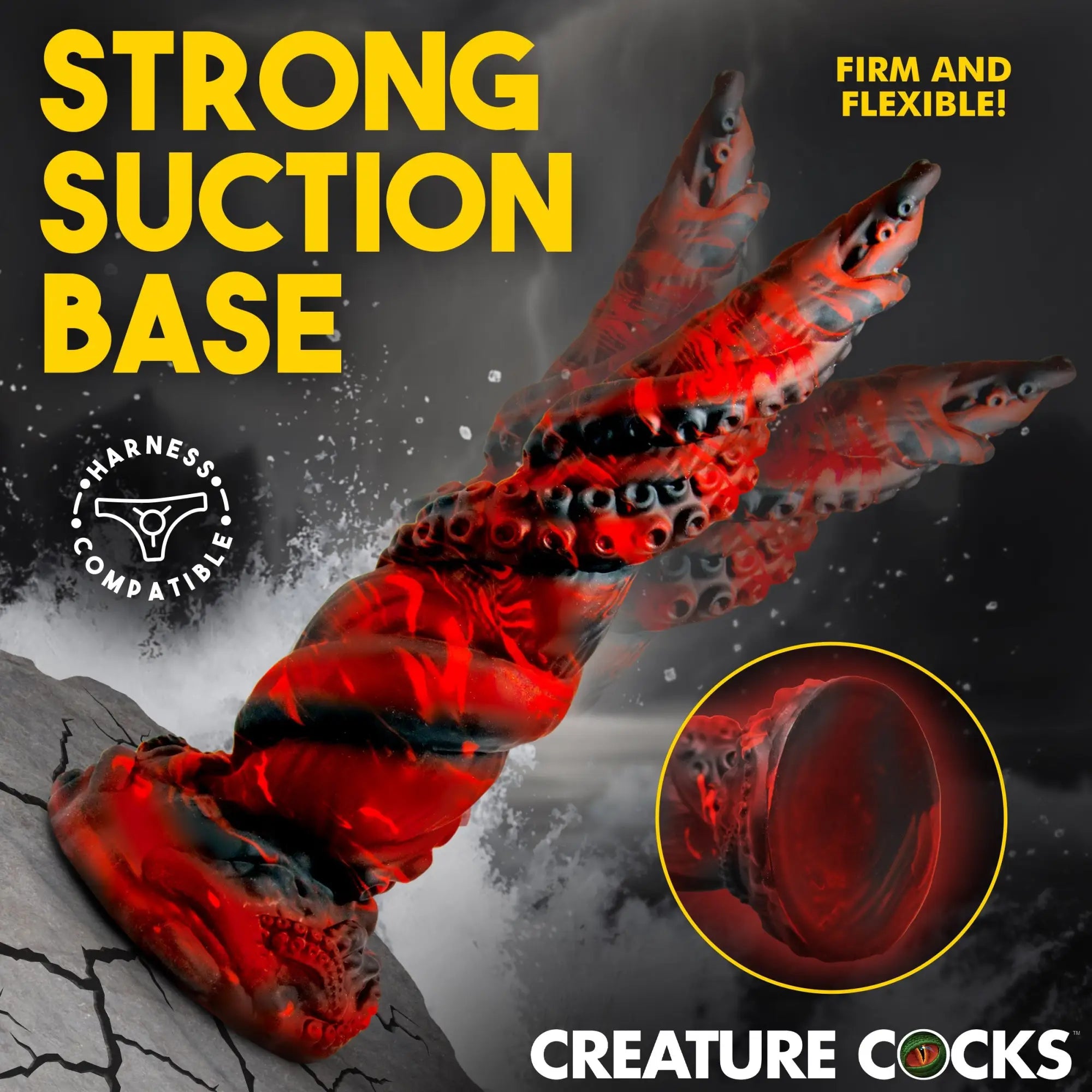 Creature Cocks Kraken Spawn dildo: red and black marbled silicone tentacle with suction base and textured suckers.