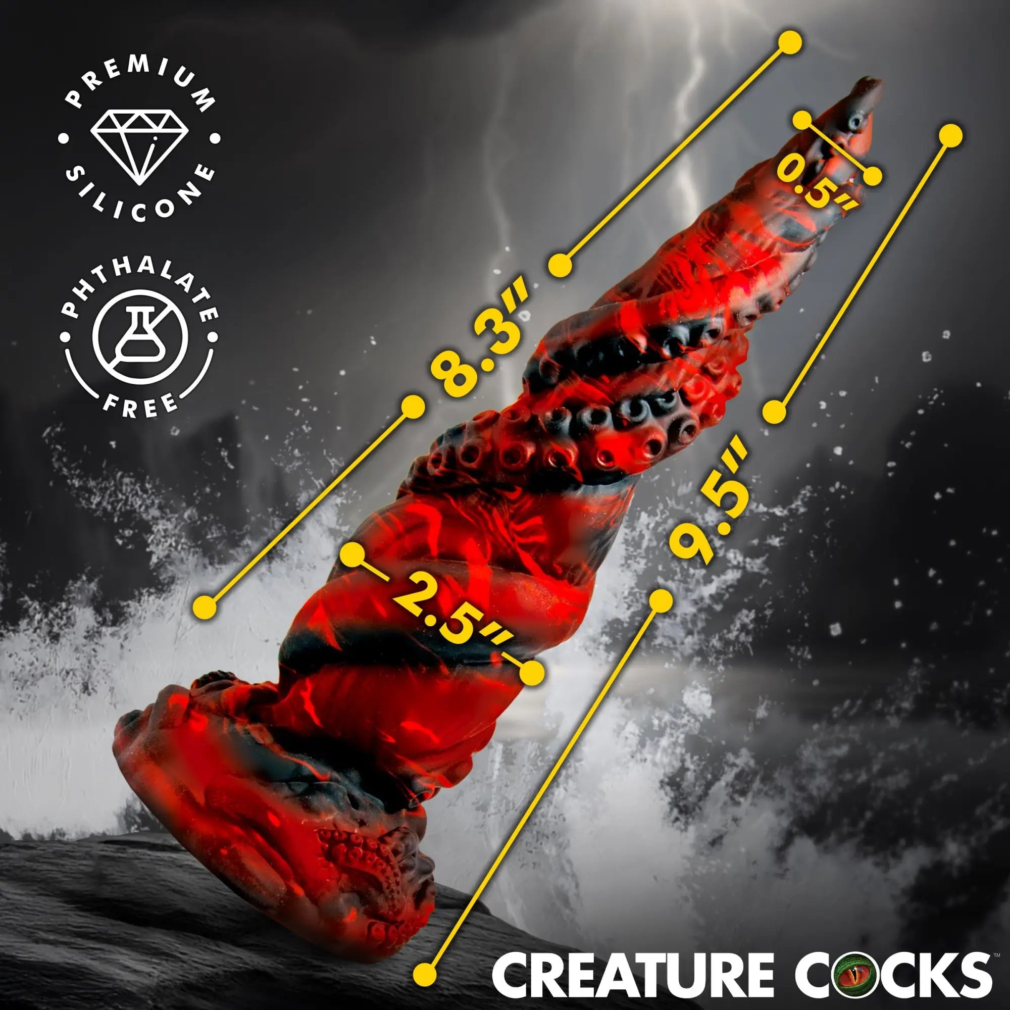 Creature Cocks Kraken Spawn tentacle dildo in red and black swirled silicone, shown with length and width measurements.