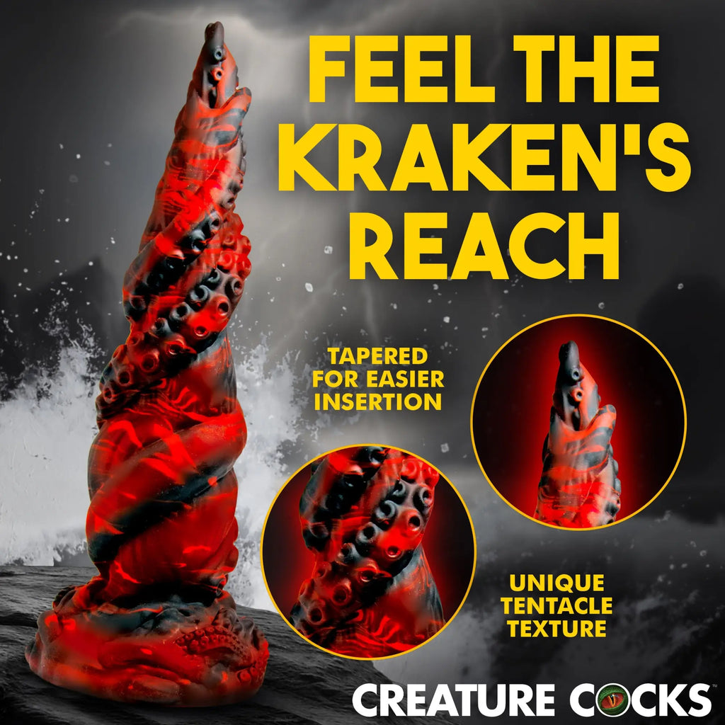 Creature Cocks Kraken Spawn silicone dildo, red and black marbled tentacle design with realistic suckers.