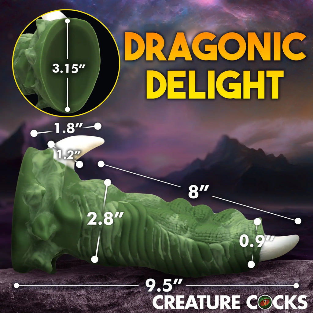 Creature Cocks Large Dragon Claw silicone dildo in green with white claws, shown with dimensional measurements.