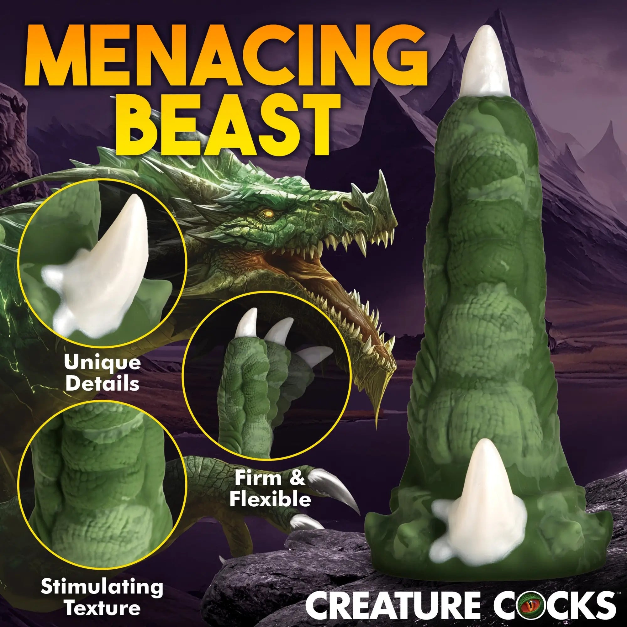Creature Cocks Large Dragon Claw silicone dildo in green with white claw accents and realistic textured skin detail.