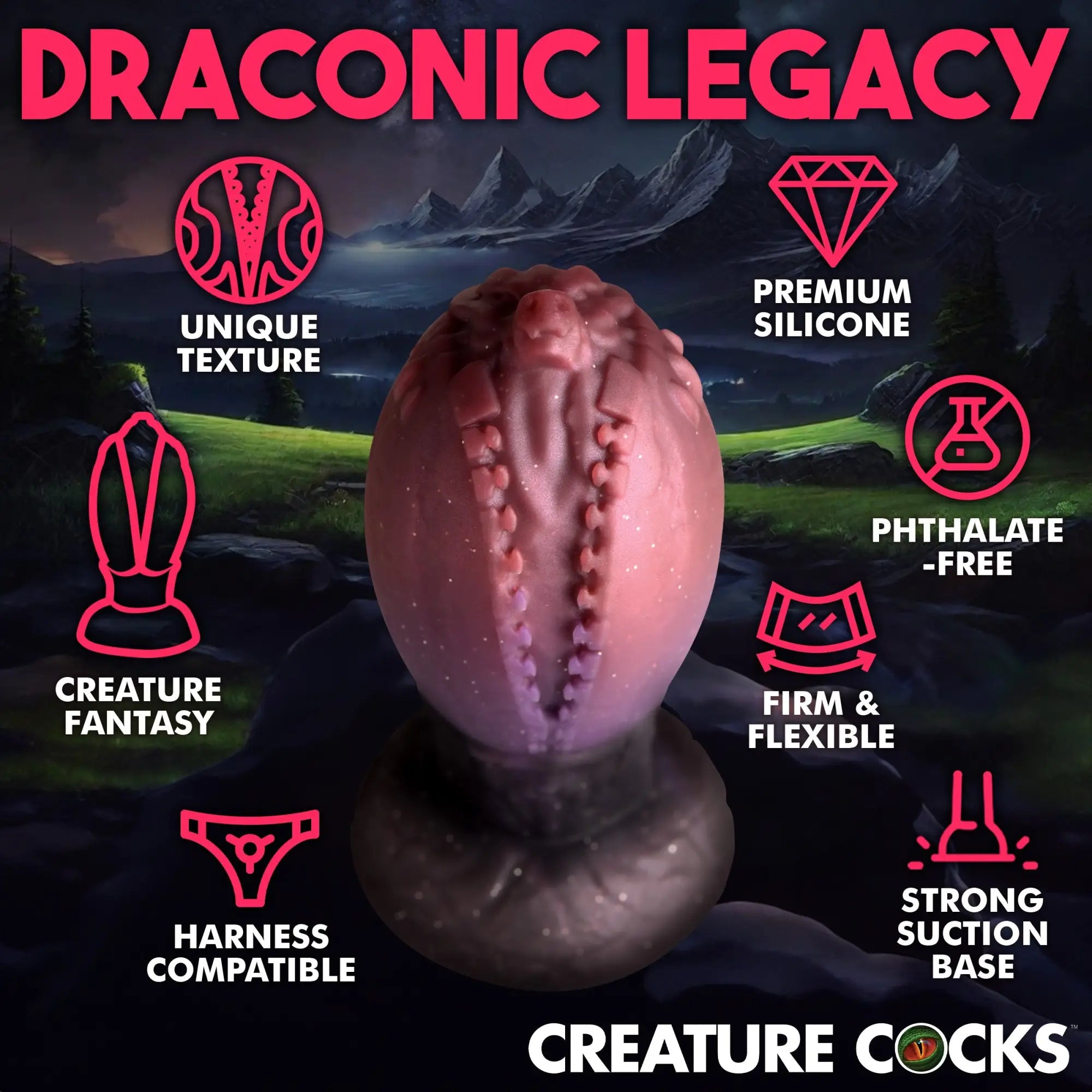 Creature Cocks Large Dragon Hatch silicone egg in purple and pink, with textured detail and a suction base.