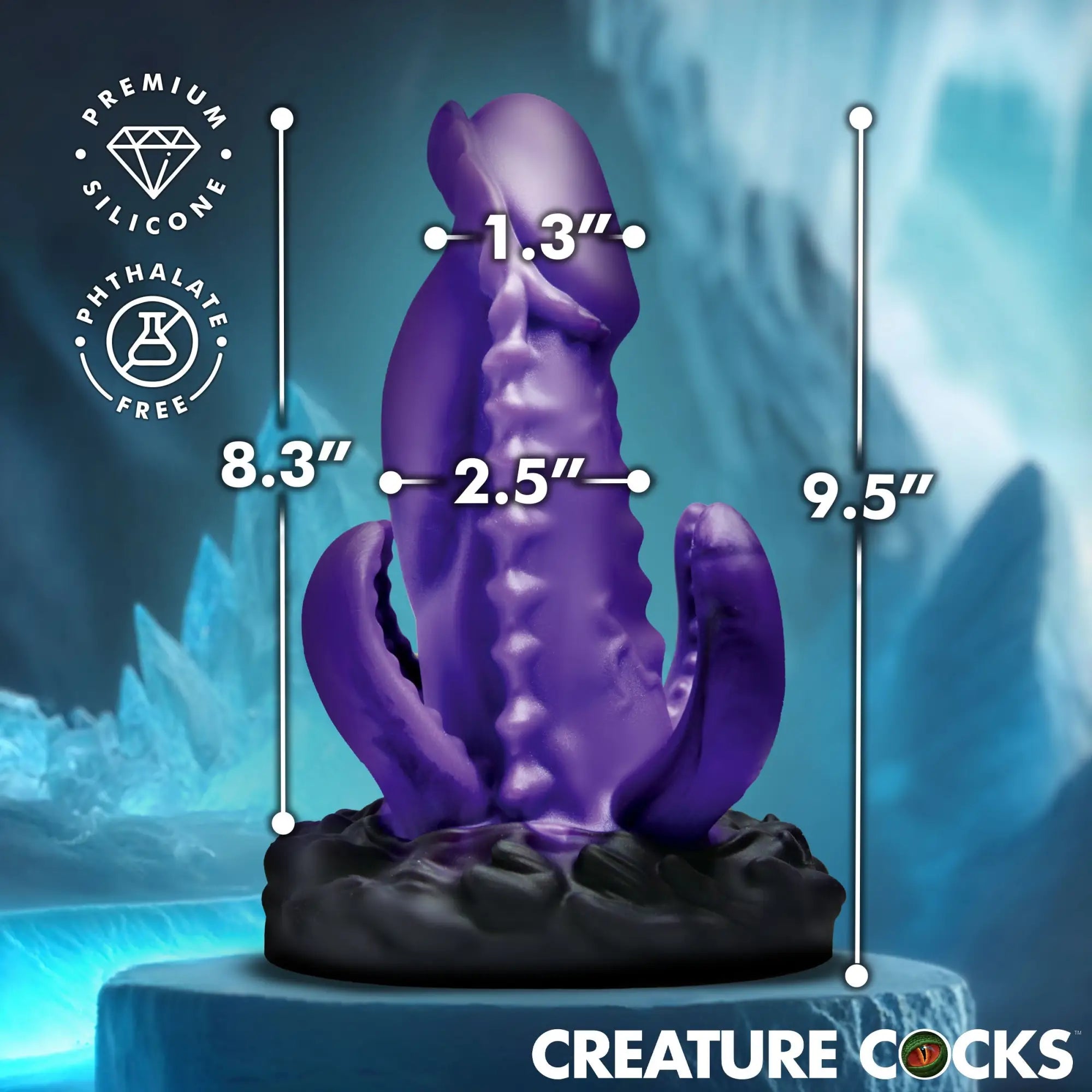 Purple Creature Cocks Leviathan silicone dildo with textured creature-inspired design and dimensions shown.