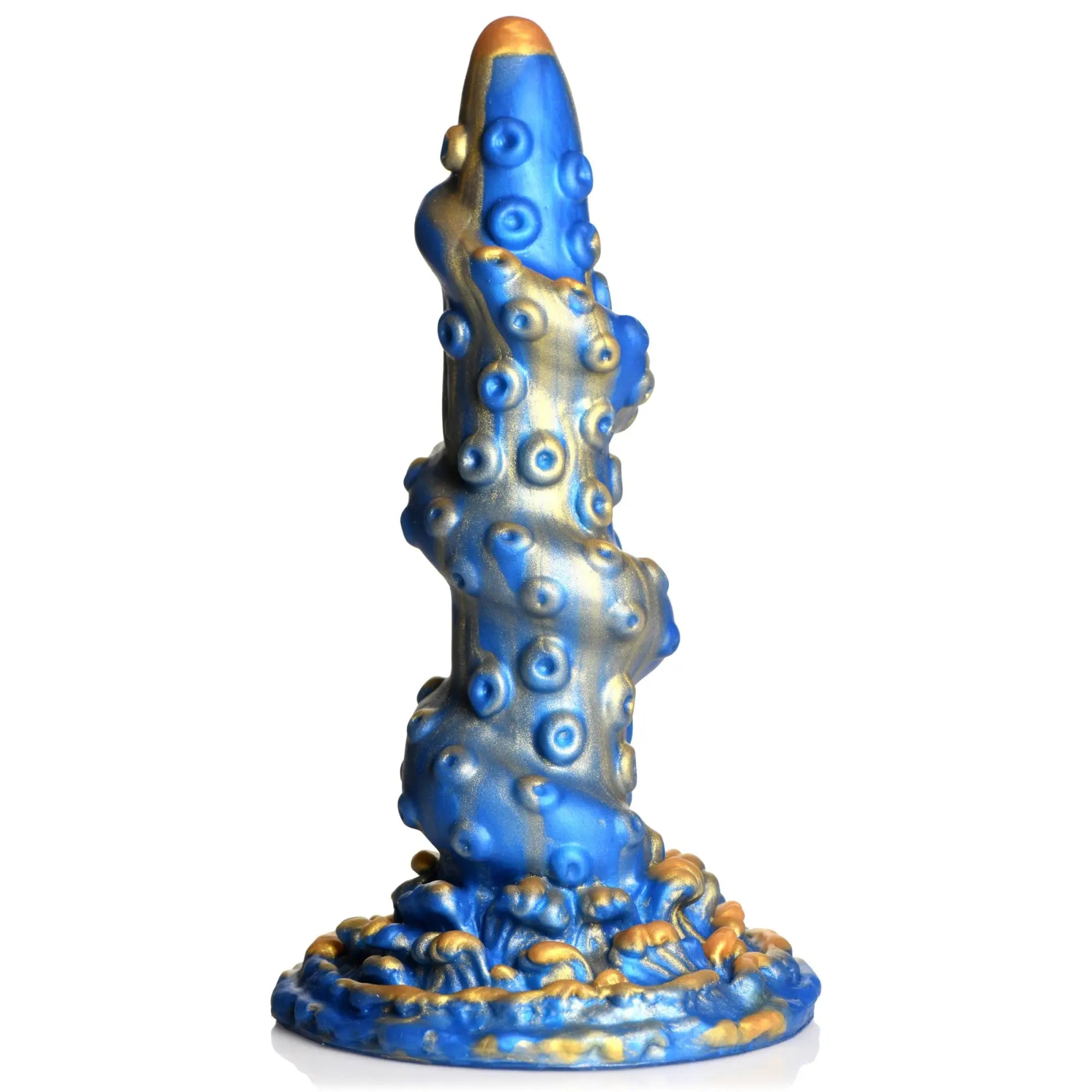 Creature Cocks Lord Kraken silicone dildo: blue and gold swirled tentacle shape with suction cup base on white background.