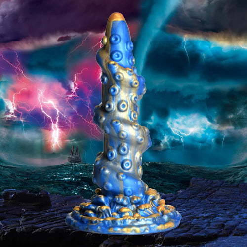 Creature Cocks Lord Kraken silicone dildo in blue and gold, featuring a textured, tentacled design against a storm scene.