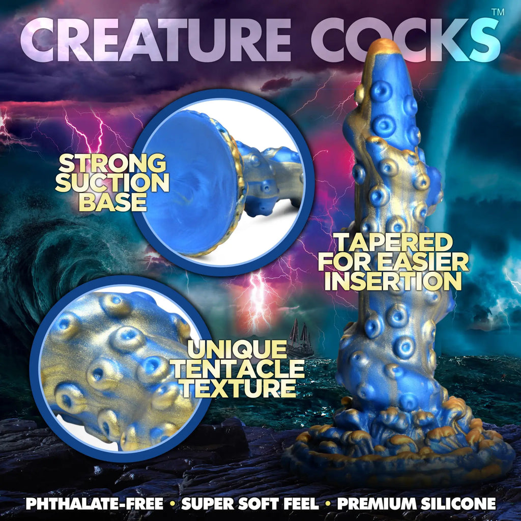Creature Cocks Lord Kraken silicone dildo: blue and gold tentacle design with a suction base and textured details.