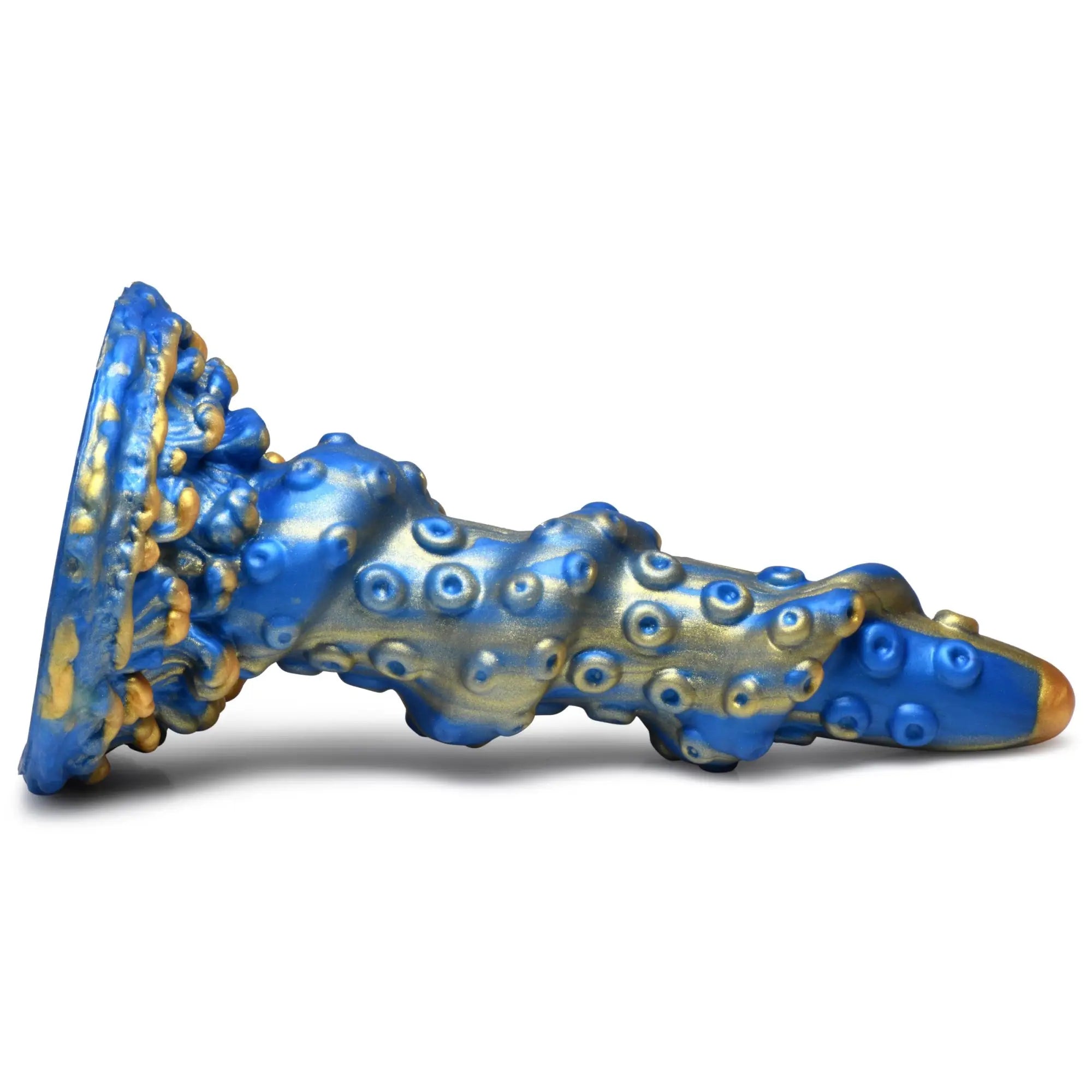 Creature Cocks Lord Kraken silicone dildo in blue and gold with a textured, tentacle-inspired design and suction base.