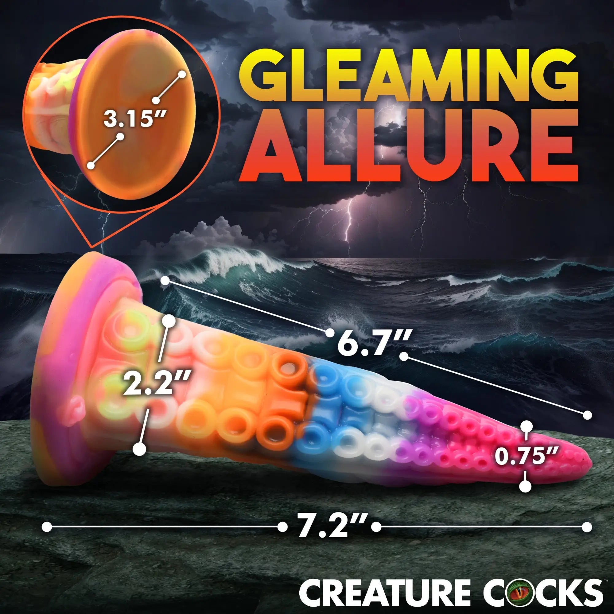 Creature Cocks Luminoctopus tentacle dildo with rainbow swirl colors and detailed suction cups on a stormy sea background.
