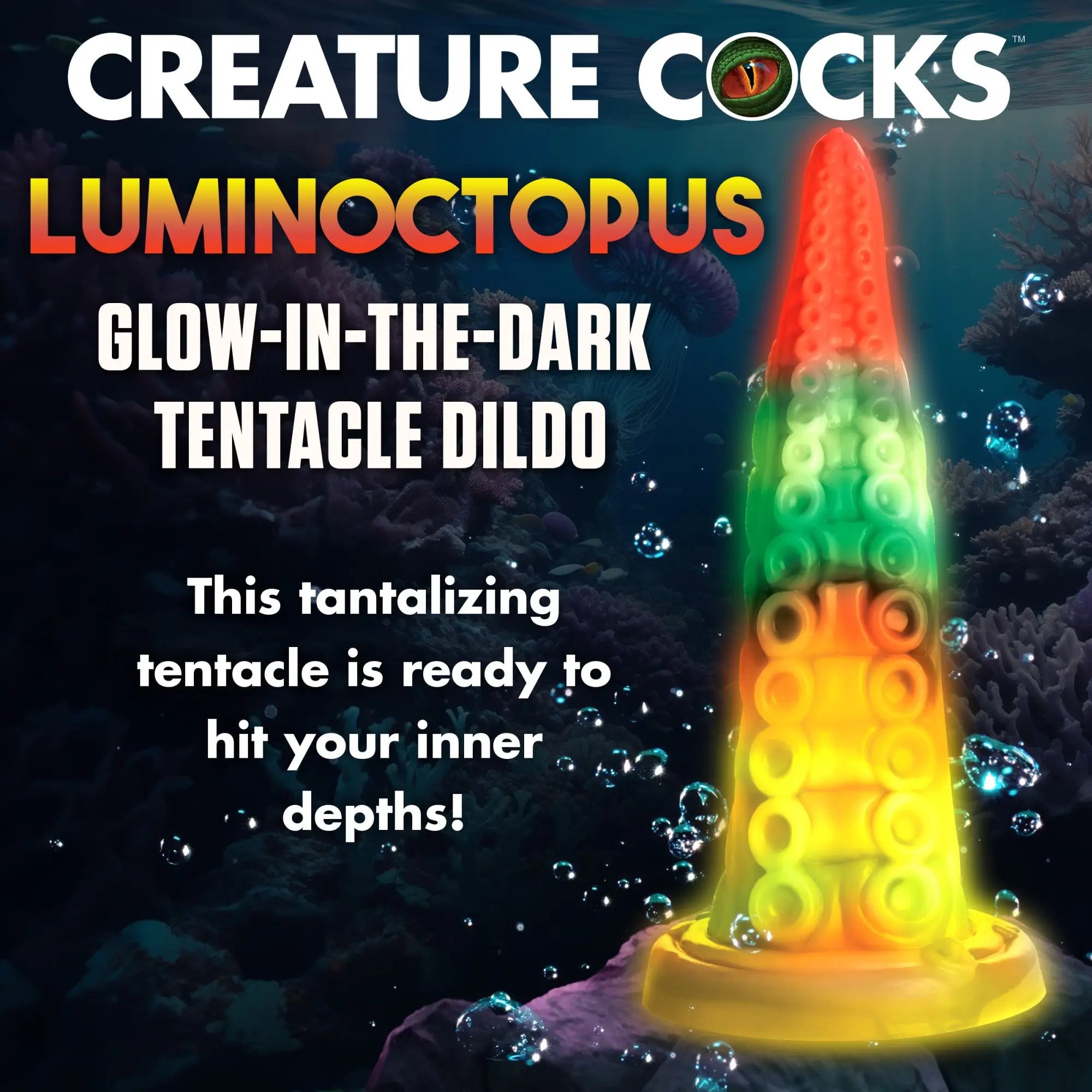 Creature Cocks Luminoctopus tentacle dildo in an underwater scene. The glowing silicone toy fades from red to yellow.