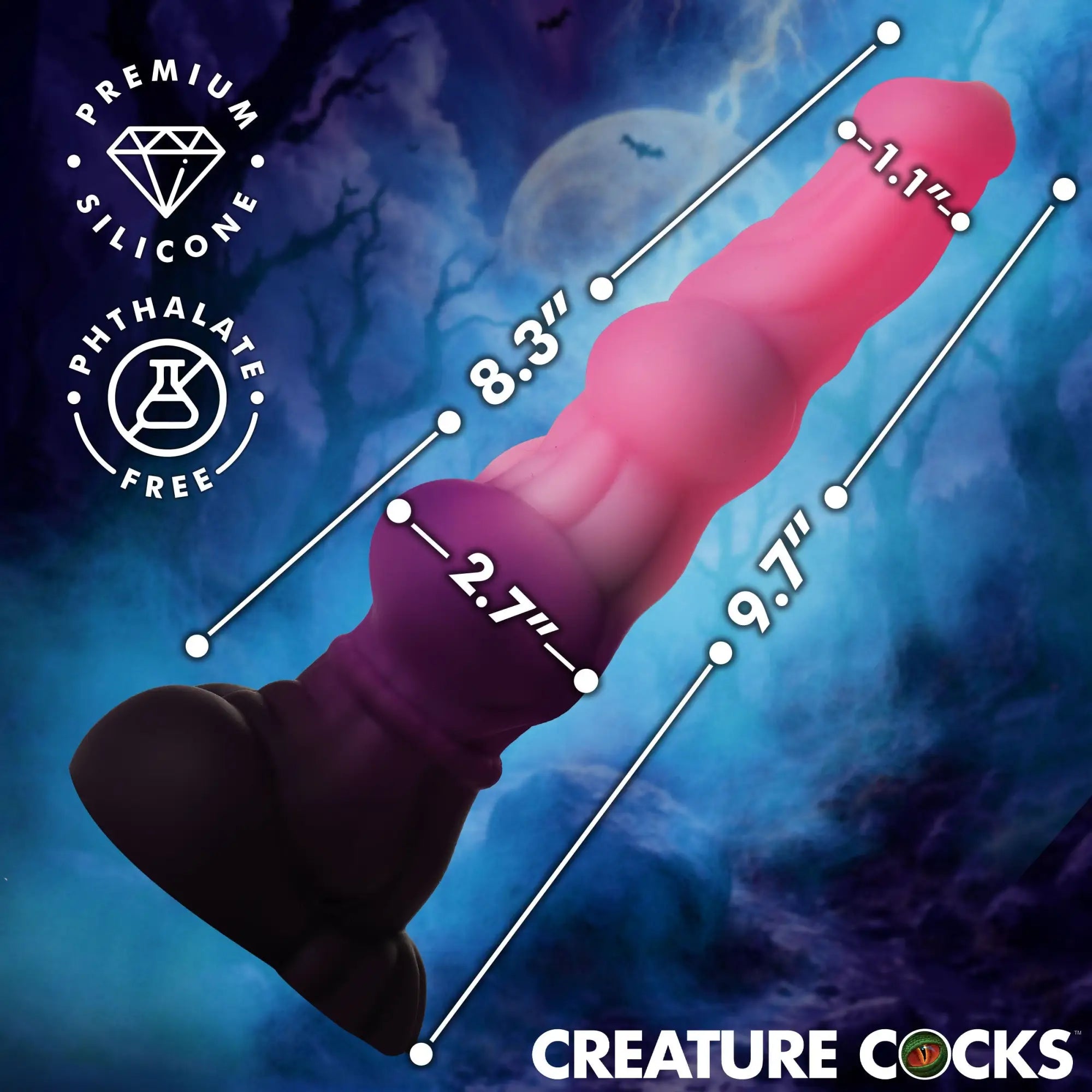 Creature Cocks Lycan werewolf dildo: A pink-to-black ombre silicone textured toy with product dimensions shown.