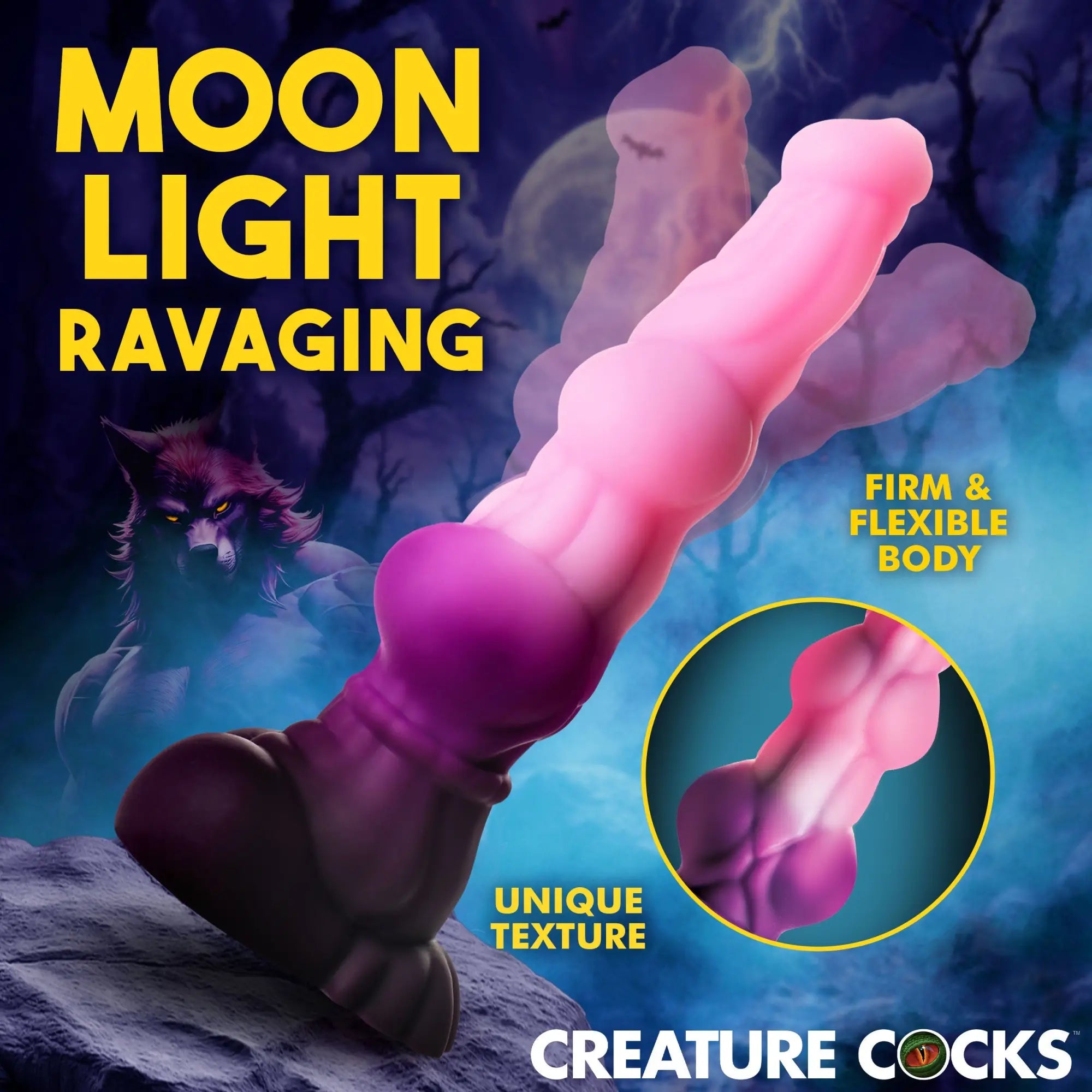 Creature Cocks Lycan werewolf dildo in a purple-to-pink gradient, featuring a textured, fantasy-style phallic design.
