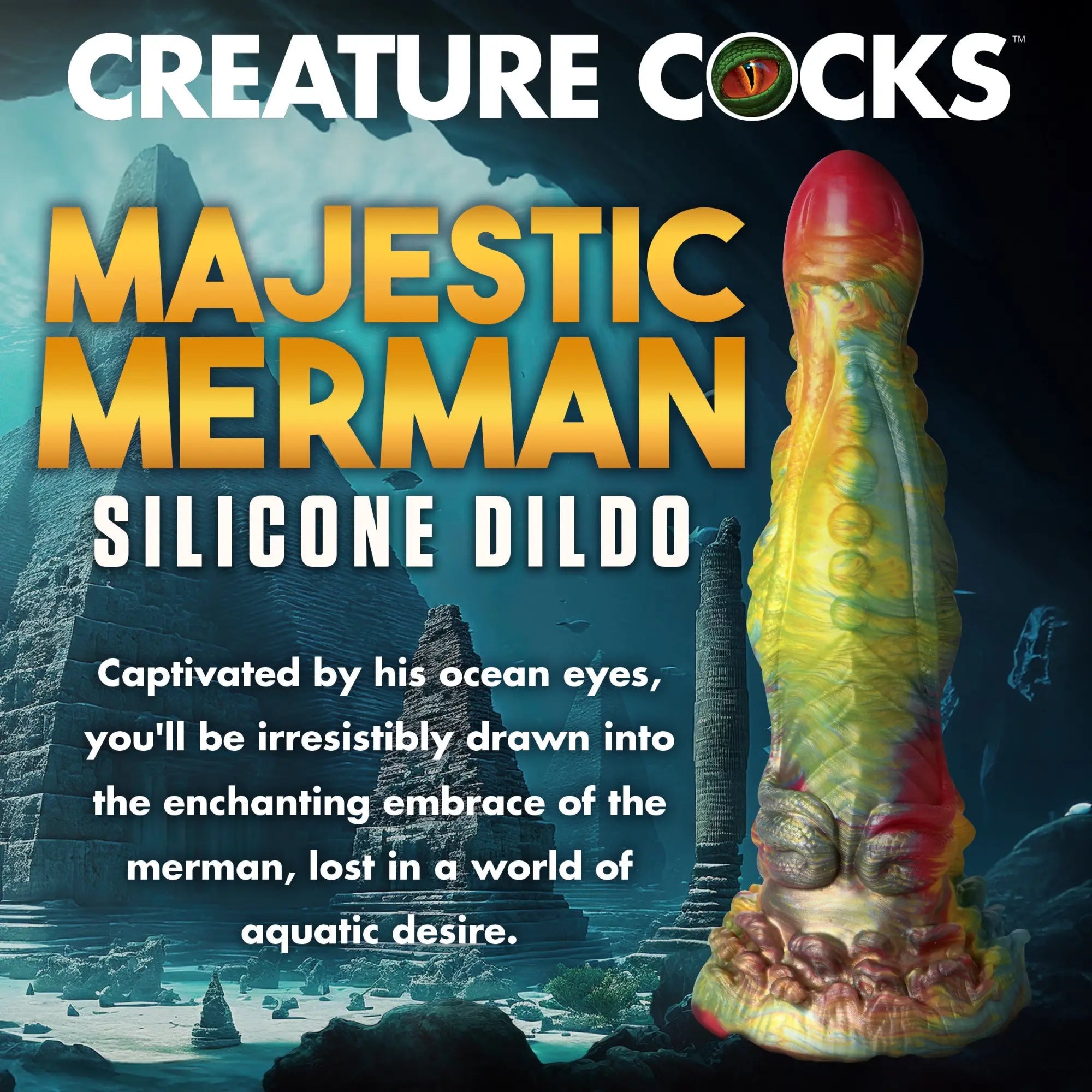 Creature Cocks Majestic Merman dildo: A textured, multicolored red, yellow, and green silicone toy with organic shapes.