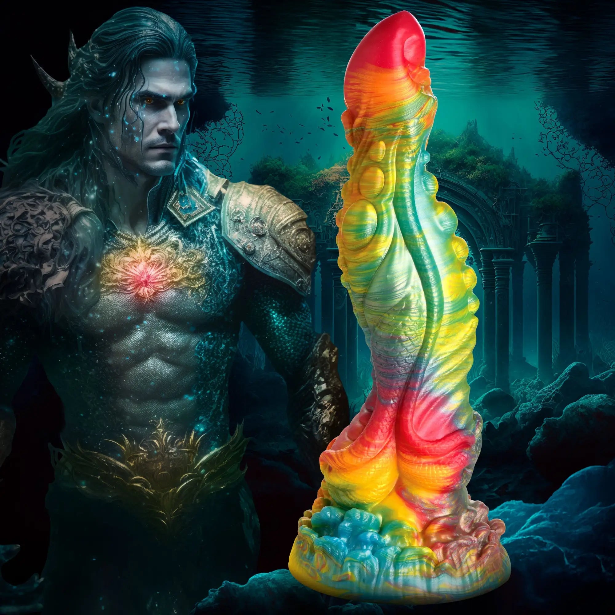 Creature Cocks Majestic Merman dildo: a multi-colored, textured silicone fantasy toy against an underwater merman backdrop.