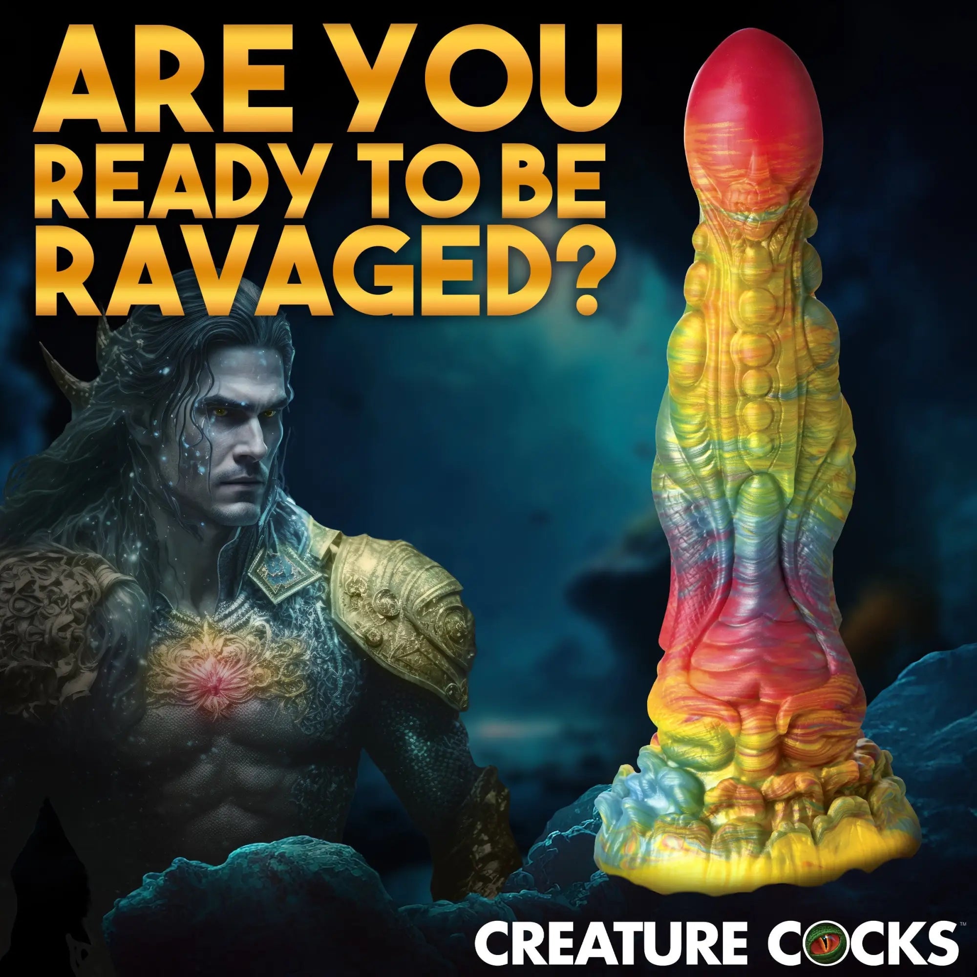 Creature Cocks Majestic Merman dildo: A textured, rainbow-swirled silicone toy shown beside a merman-themed character.