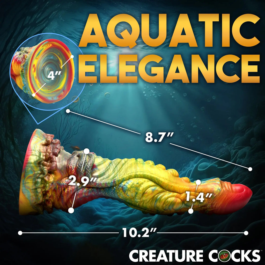 Creature Cocks Majestic Merman dildo in a vibrant, swirled yellow, red, and blue silicone finish with size dimensions.