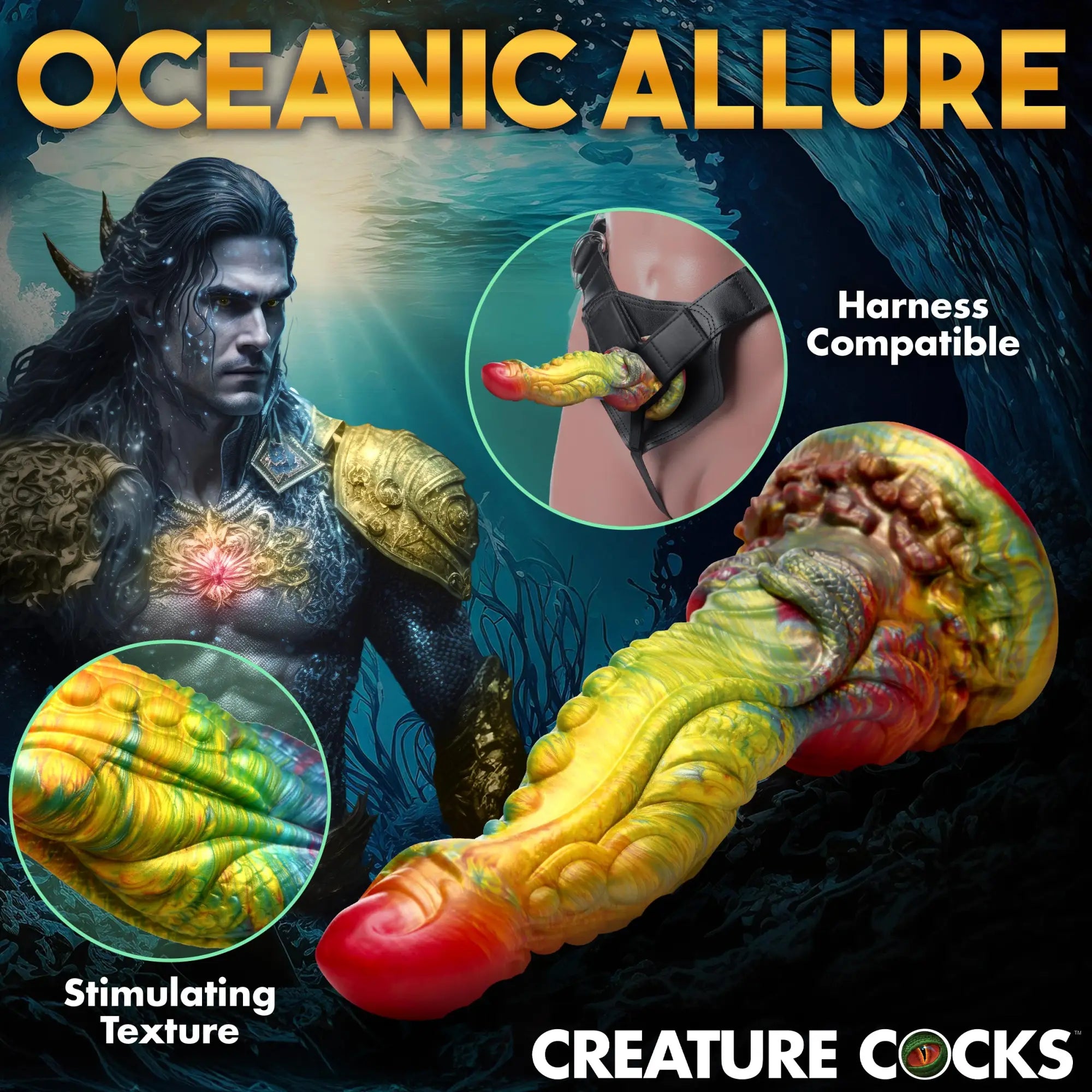 Creature Cocks Majestic Merman dildo in multi-colored yellow, green, and red silicone with textured, organic detail.