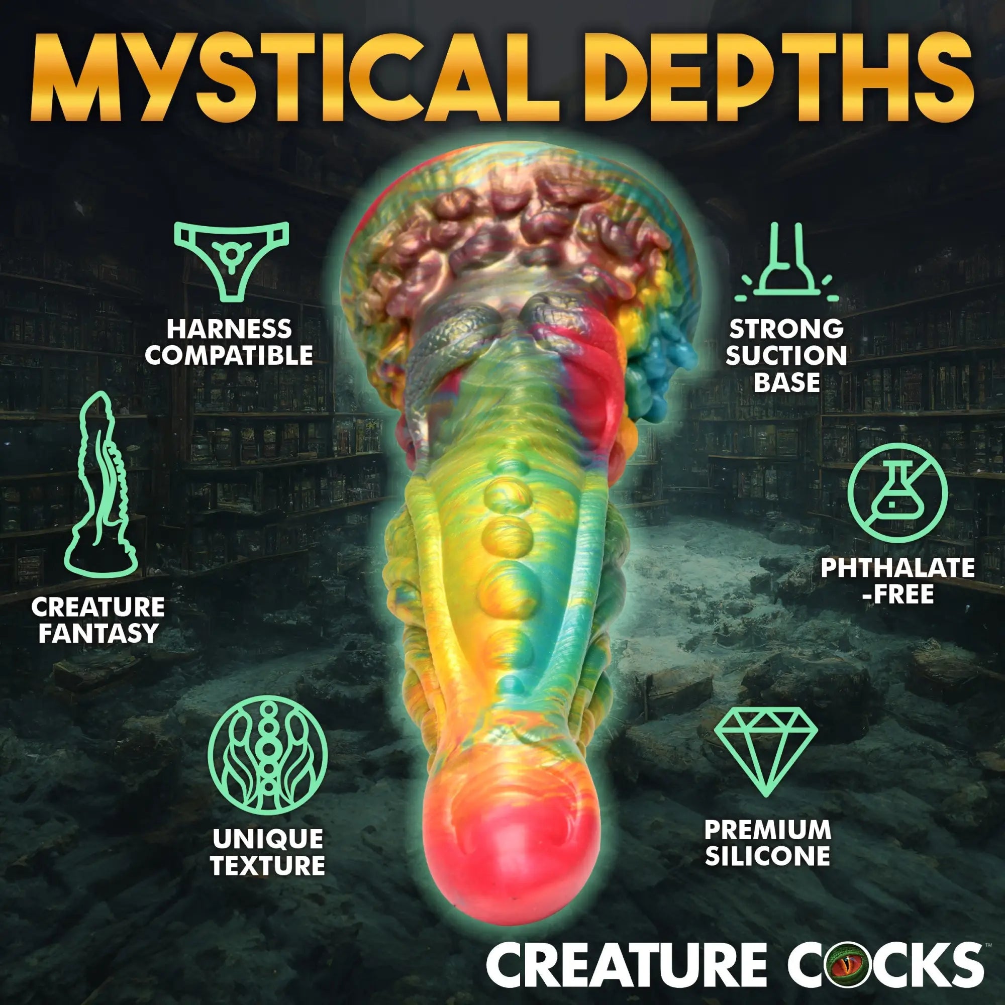Creature Cocks Majestic Merman dildo in multi-colored swirling silicone with detailed fantasy textures and suction base.