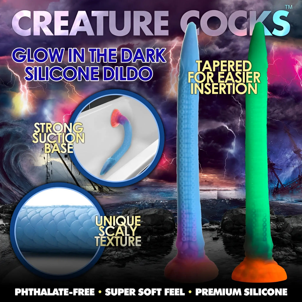 Creature Cocks Makara glow-in-the-dark silicone snake dildos with scaly texture, tapered tip, and suction cup base.