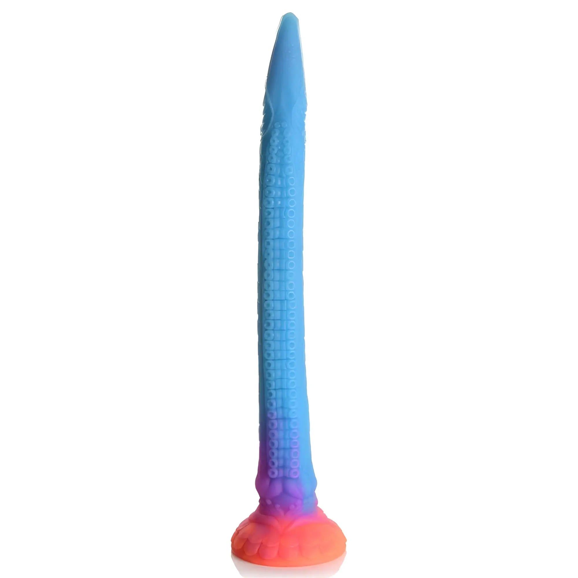 Creature Cocks Makara glow-in-the-dark silicone dildo: a blue-to-orange ombre snake-textured shaft with a flared base.