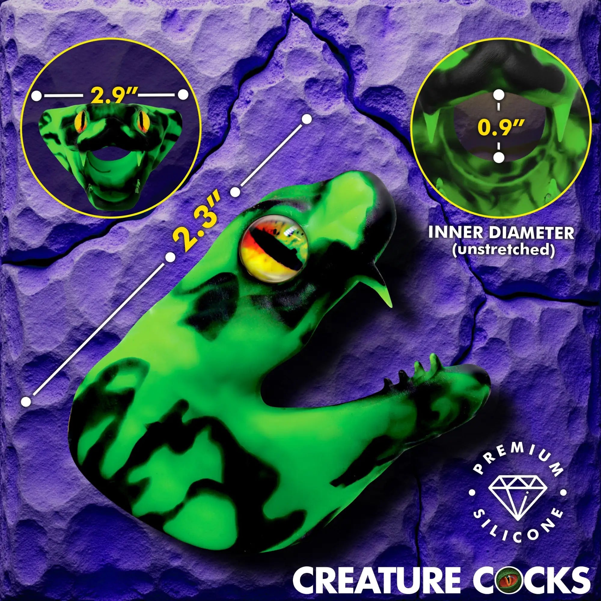 Creature Cocks Master Cobra silicone ring: bright green and black snake design with yellow eyes and size measurements.