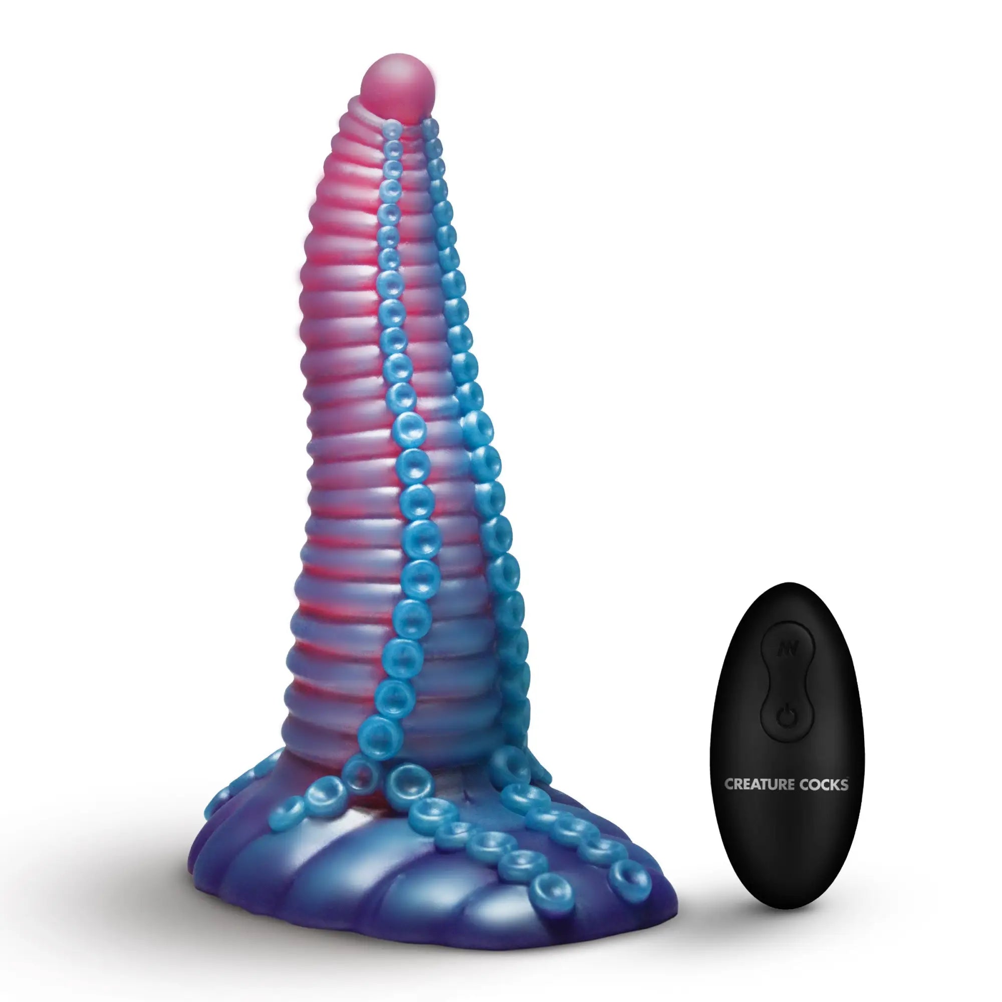 Creature Cocks Mega-Tenta vibrating silicone dildo: a pink and blue tentacle-style dildo with a black remote control.