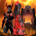 Creature Cocks Mephisto silicone dildo in a textured red and black swirl, set against a fiery demon-themed background.