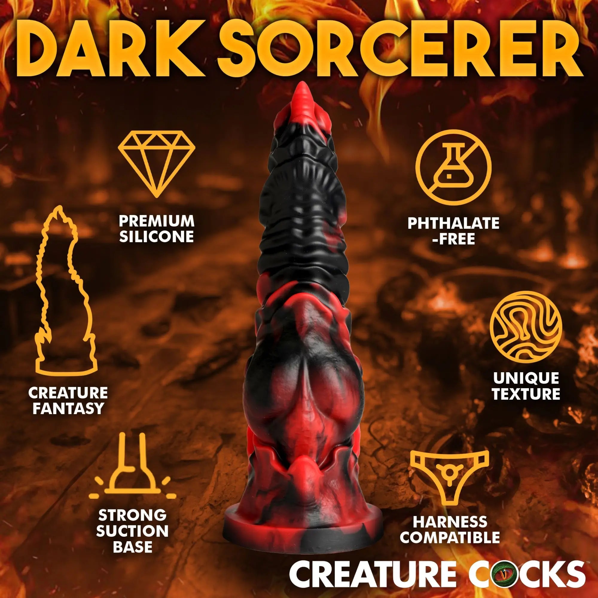 Creature Cocks Mephisto dildo in a black and red marbled silicone fantasy style with a suction base against fire imagery.