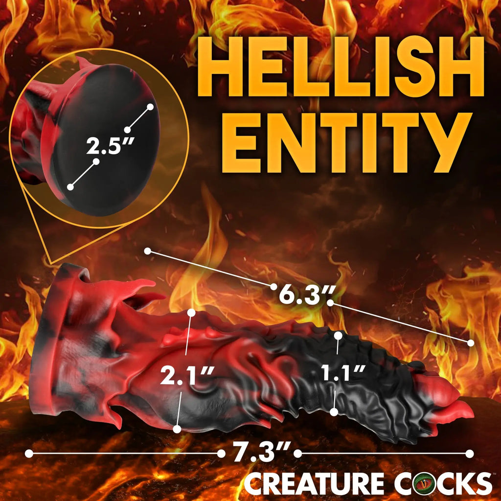 Creature Cocks Mephisto red and black marbled silicone dildo with textured monster design and product measurements.