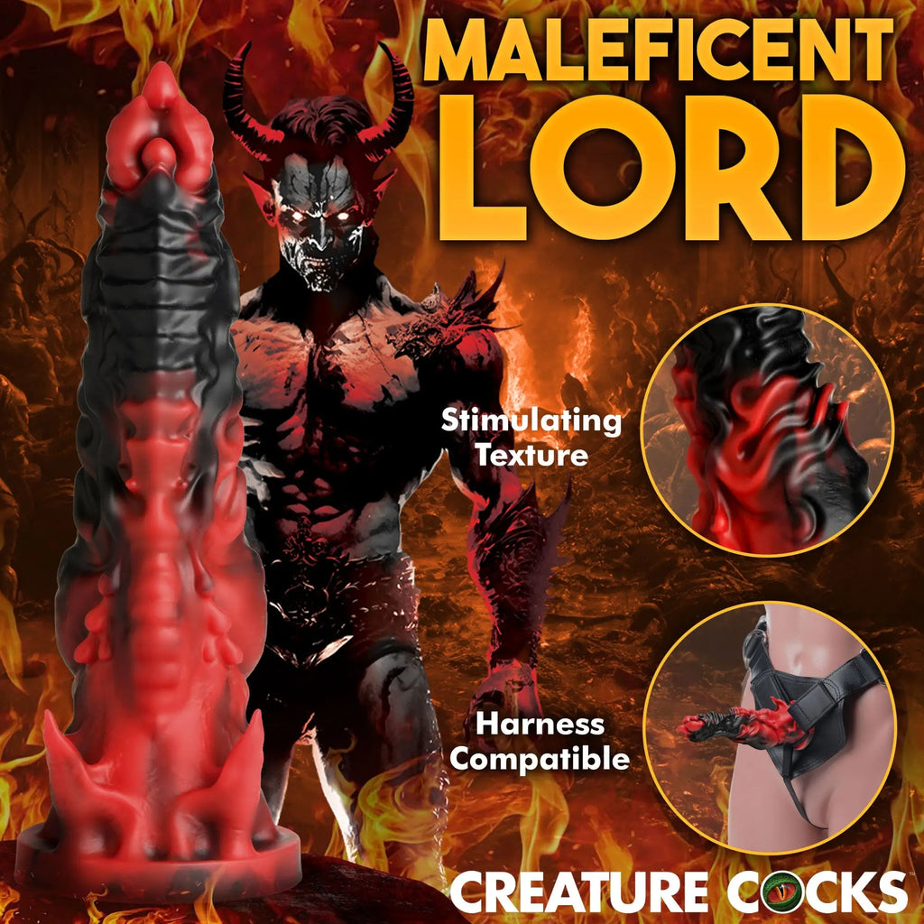 Creature Cocks Mephisto red and black marbled silicone dildo with textured, fantasy-inspired detail on a fiery background.