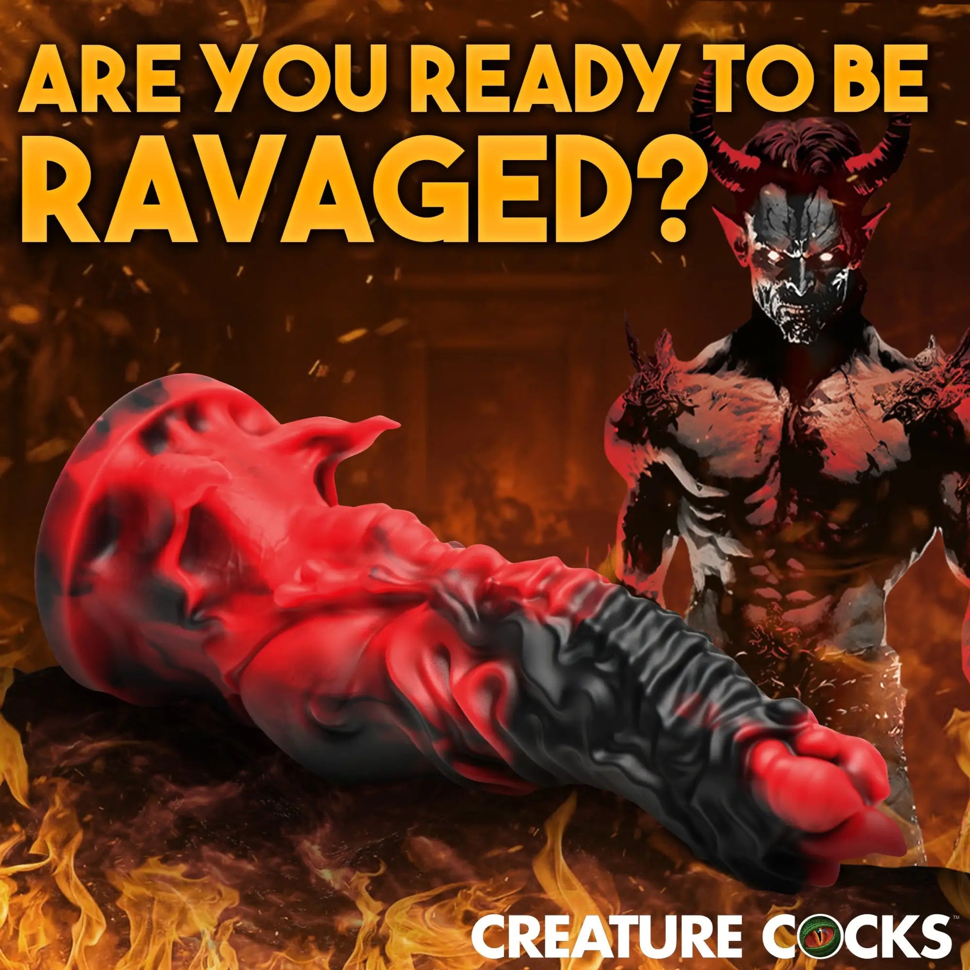 Creature Cocks Mephisto red and black marbled silicone dildo with textured, monstrous design against a fiery background.