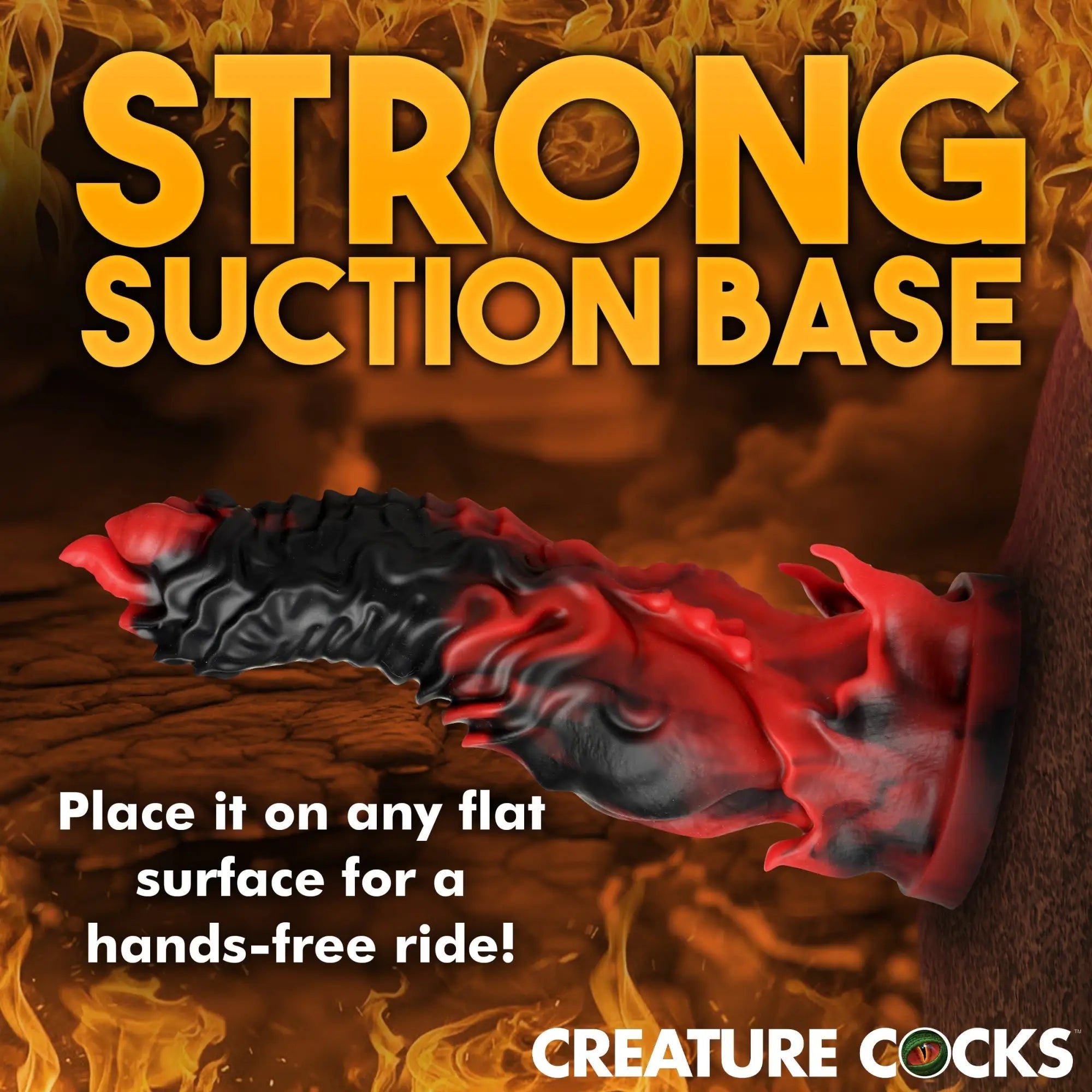Creature Cocks Mephisto red and black textured fantasy silicone dildo attached to a flat surface with a suction base.