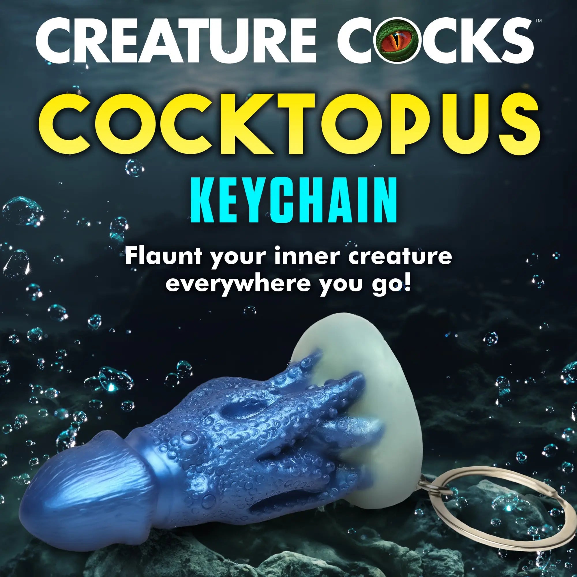 Creature Cocks Cocktopus mini dildo keychain in metallic blue, featuring tentacle textures and a white base with keyring.