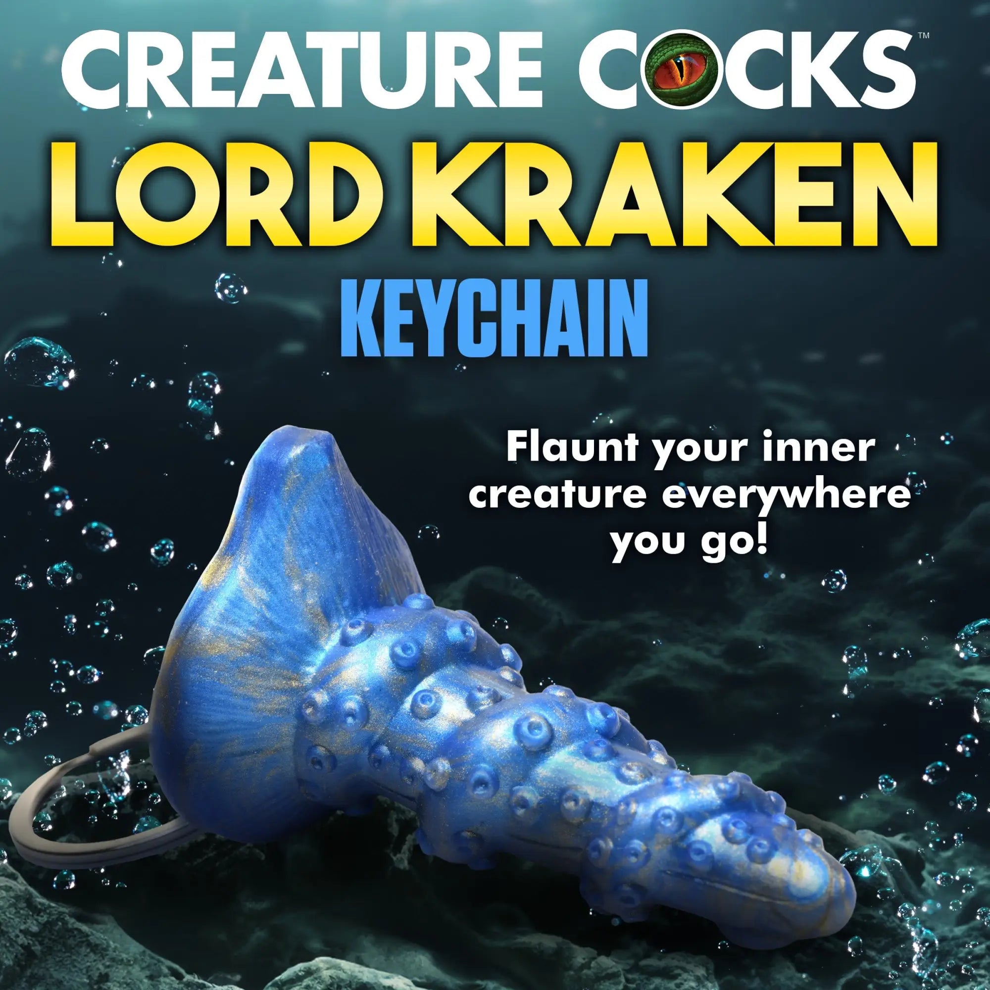 Creature Cocks Lord Kraken mini dildo keychain: a blue, gold-swirled tentacle-style textured toy against water backdrop.