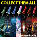Creature Cocks mini dildo keychains in various colorful creature-inspired designs, displayed above their mythical motifs.