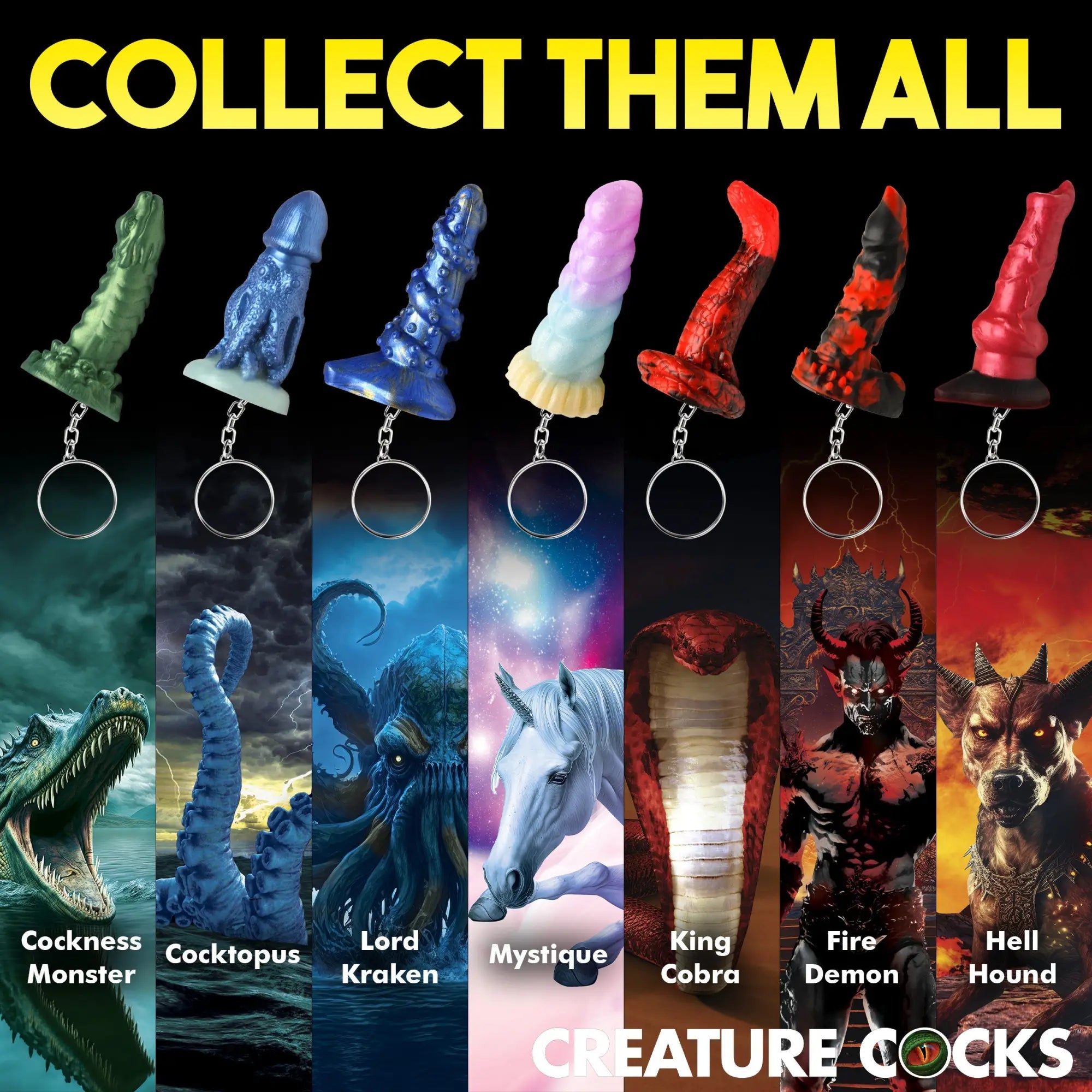 Creature Cocks mini dildo keychains in various colorful creature-inspired designs, displayed above their mythical motifs.