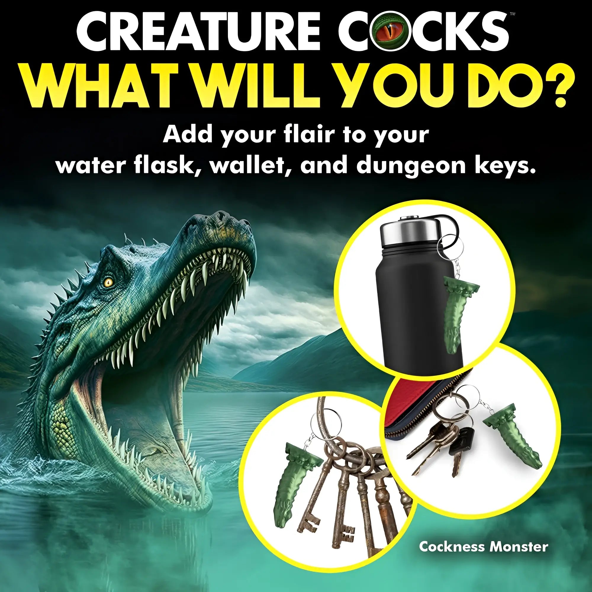 Creature Cocks mini dildo keychain in green, shown attached to a black water bottle and a ring of metal keys.