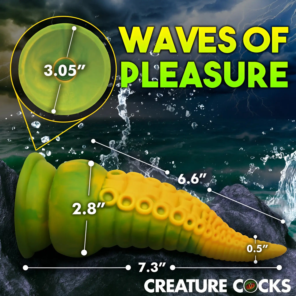 Creature Cocks Monstropus 2.0: Green and yellow silicone tentacle dildo with suction cup base and measurement callouts.
