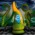 Creature Cocks Monstropus 2.0: Yellow-green vibrating silicone tentacle dildo with blue pulse graphic against a storm.