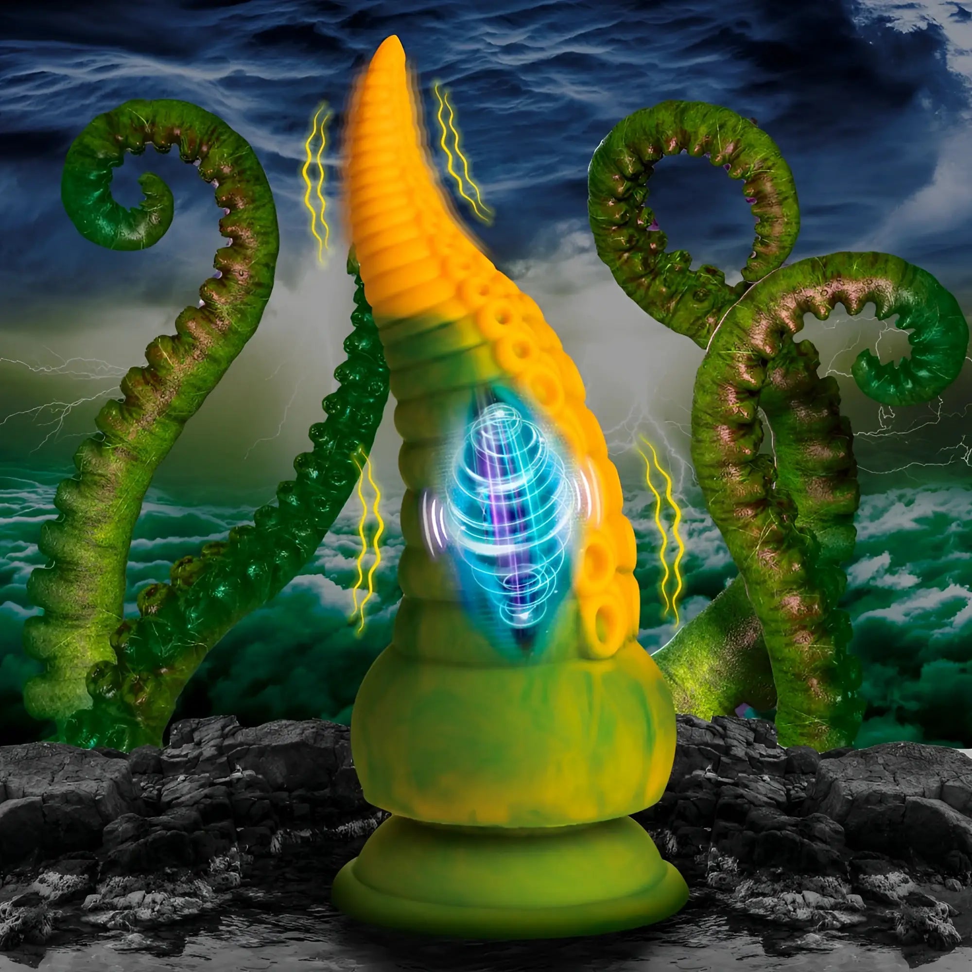 Creature Cocks Monstropus 2.0: Yellow-green vibrating silicone tentacle dildo with blue pulse graphic against a storm.